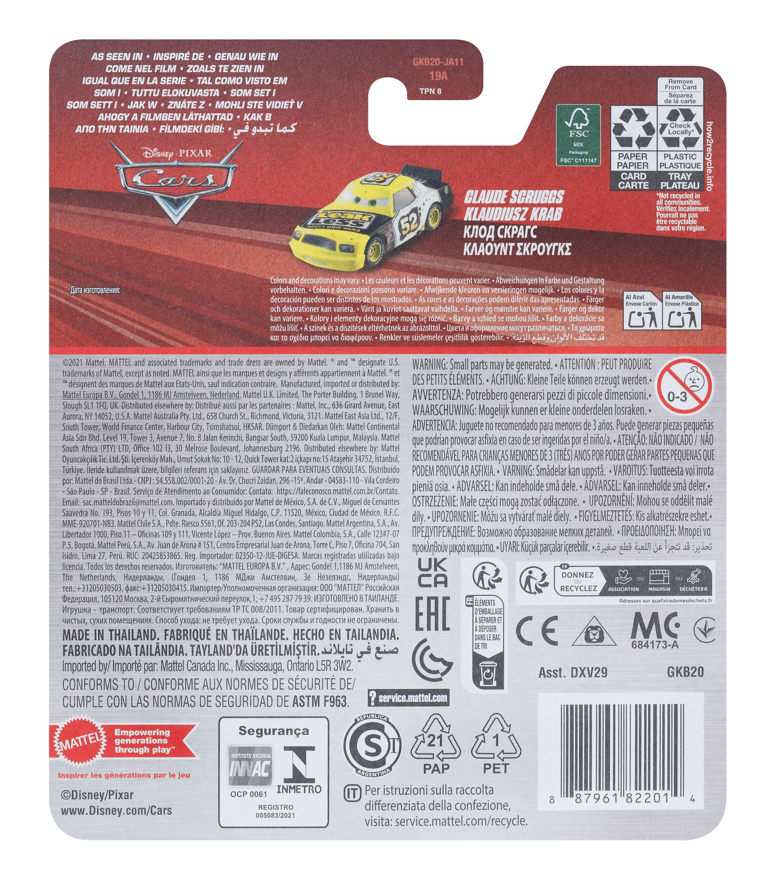 Ein gelb-schwarzes Spielzeugauto mit der Nummer 52 auf rotem Hintergrund mit Text.