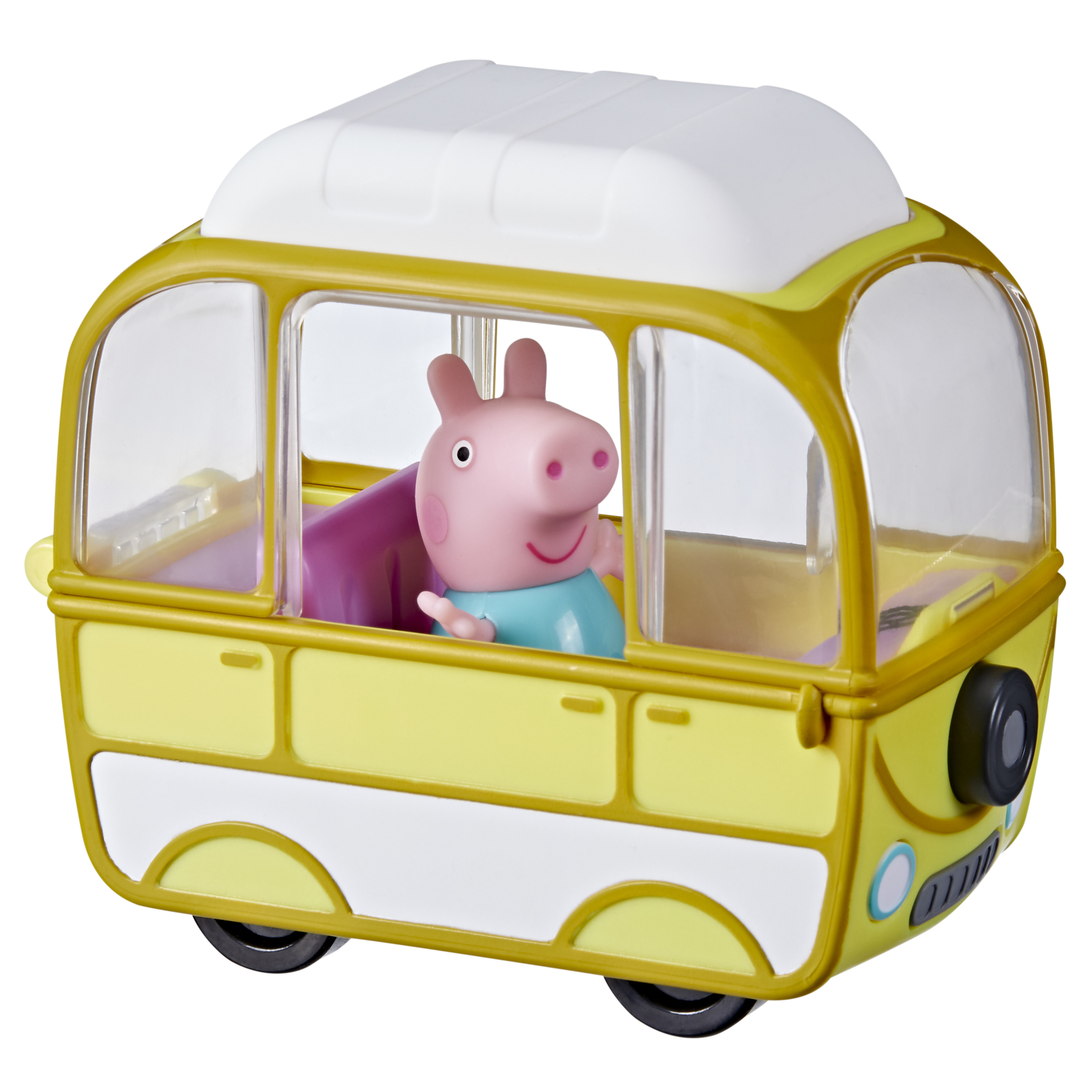 Żółty autobus zabawkowy z białym dachem. Peppa Pig jest w środku, macha. Koła są czarne.