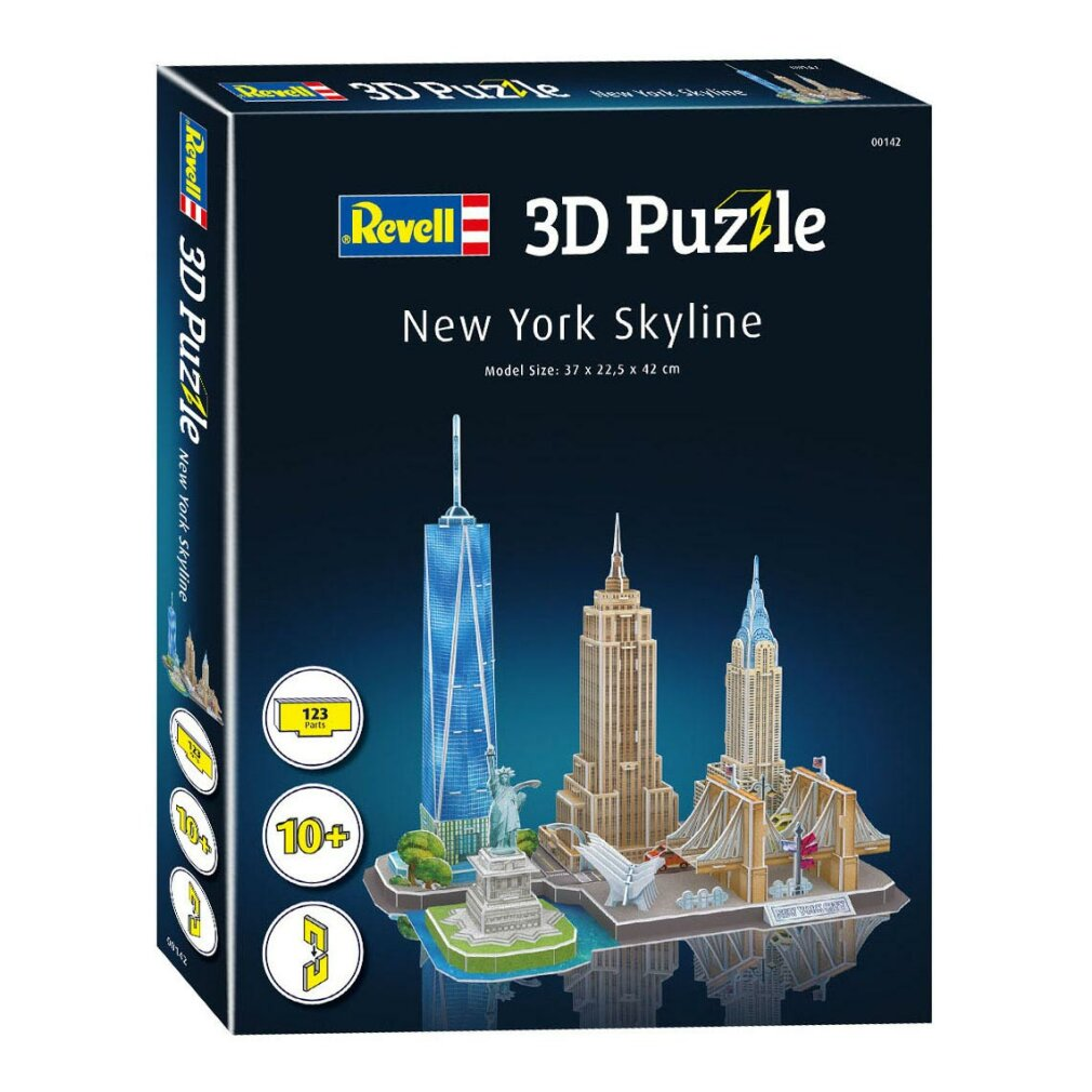 Illustrazione della scatola di un puzzle 3D Revell con lo skyline di New York, tra cui il World Trade Center e l'Empire State Building.