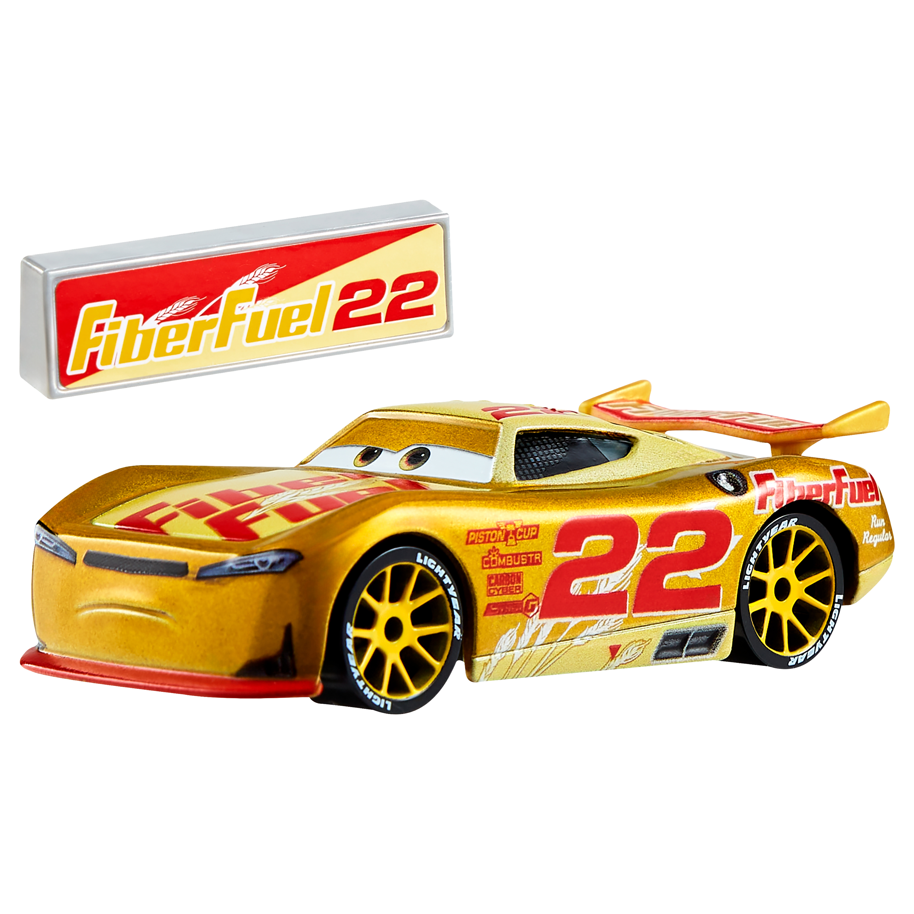 Goldenes Spielzeug-Rennauto mit roter Nummer 22, Fiber Fuel Logo und gelben Rädern auf weißem Grund.