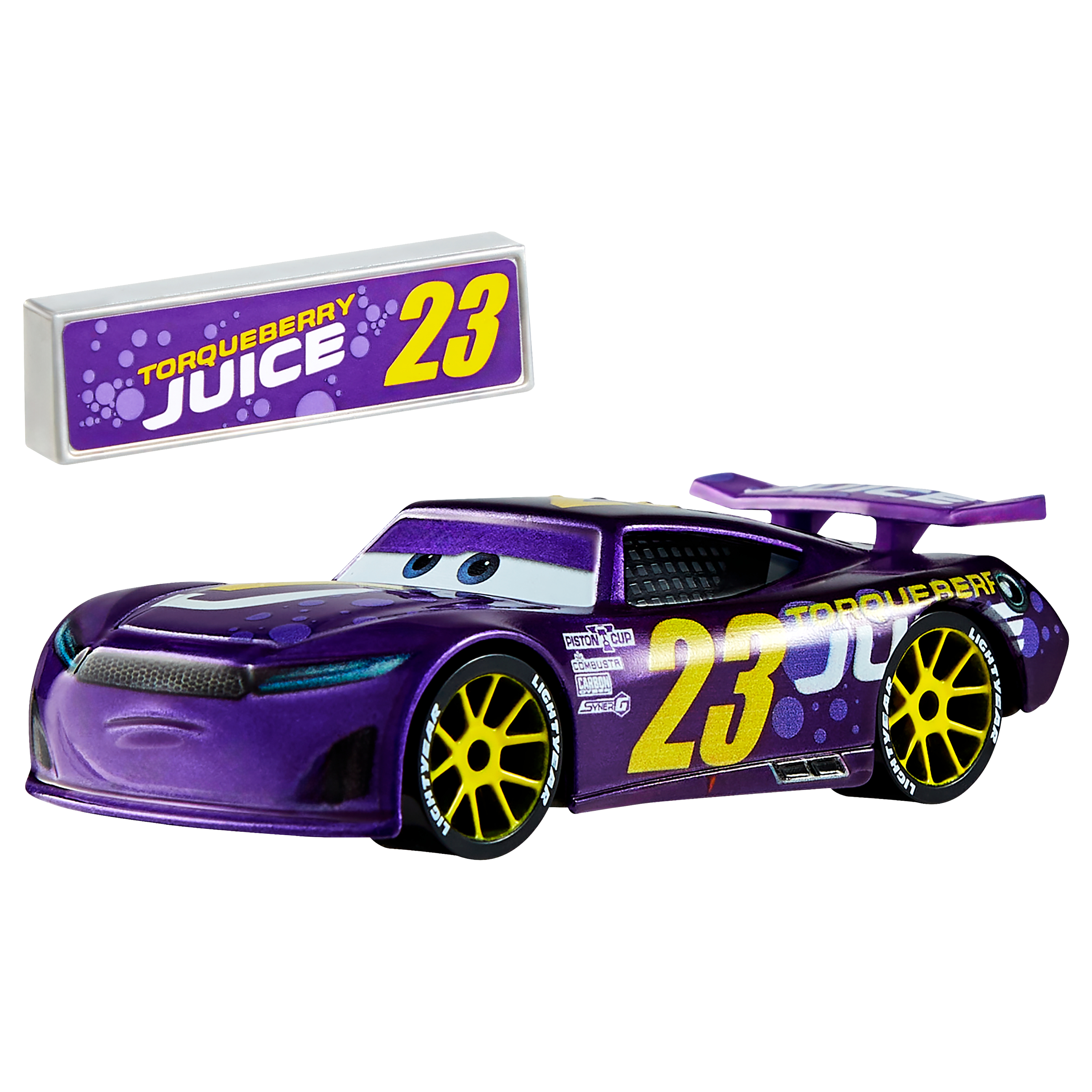 Lila Rennwagen-Spielzeug mit gelber 23, Torqueberry Juice Schild. Schwarze Räder mit Lightyear-Text.