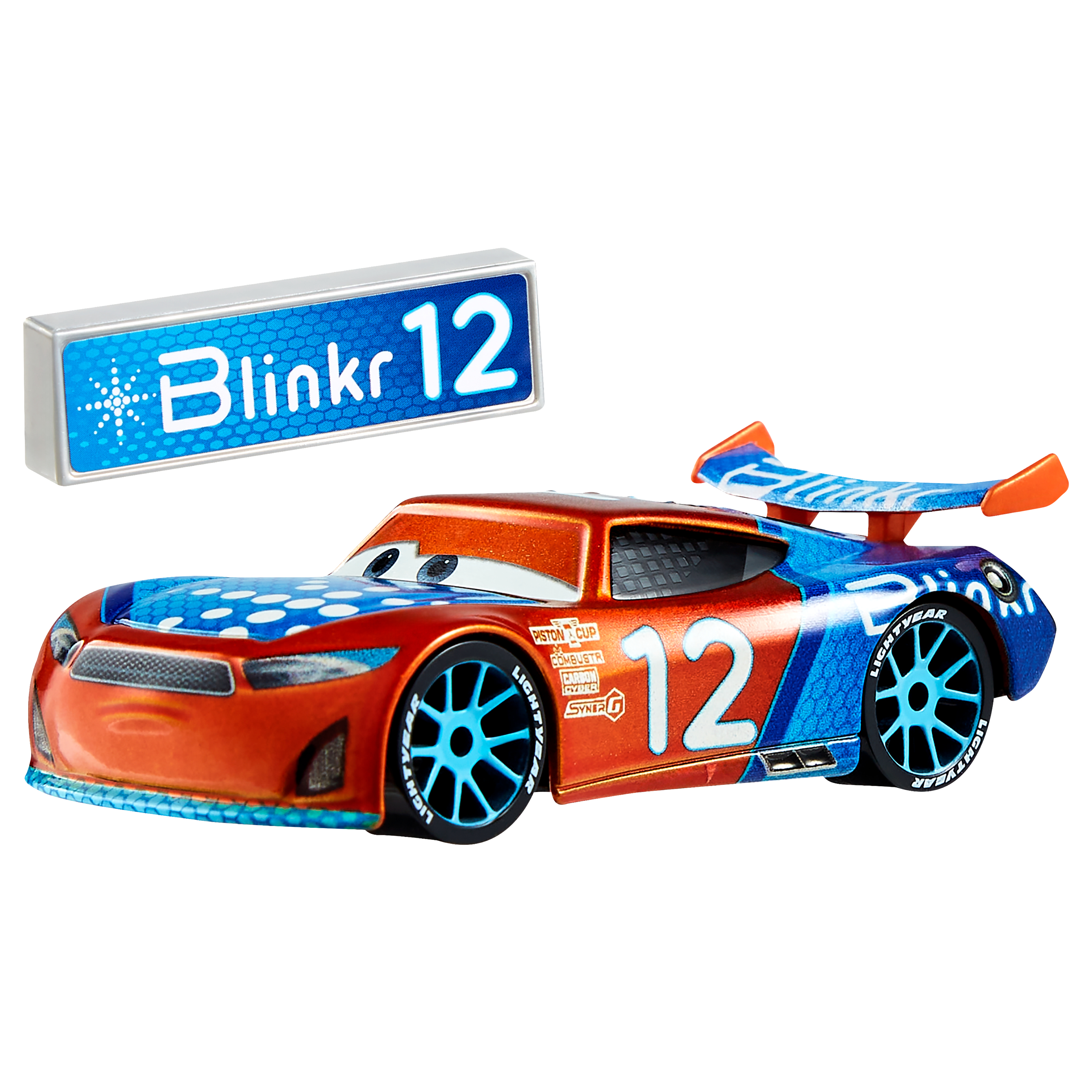 Spielzeugauto in Blau und Orange. Es trägt die Nummer 12 und das Wort Blinkr.