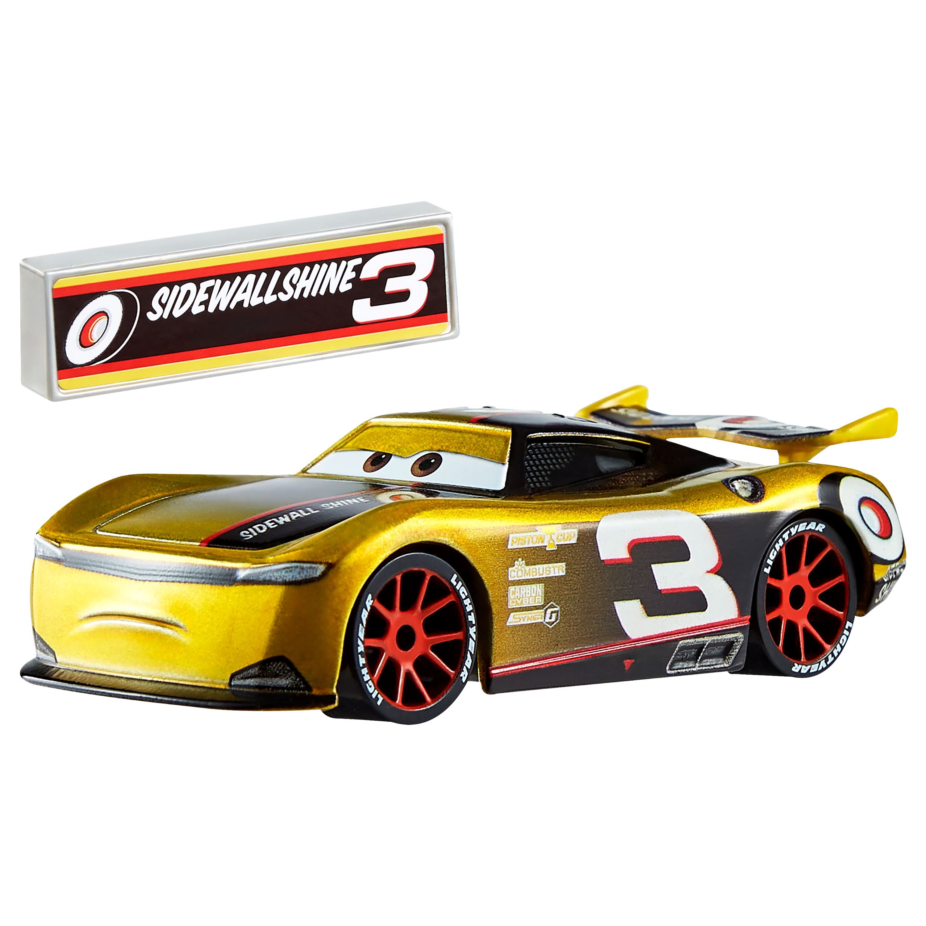 Goldenes Spielzeug-Rennauto mit der Nummer 3, roten Rädern und einem Schild mit der Aufschrift Sidewall Shine 3.