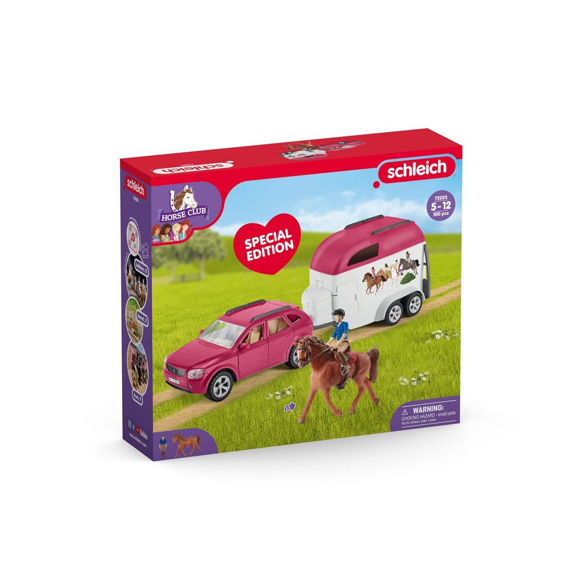 Scatola: Auto rosa, rimorchio per cavalli, cavaliere a cavallo, personaggi giocattolo. Sfondo verde con testo 'Edizione Speciale'.