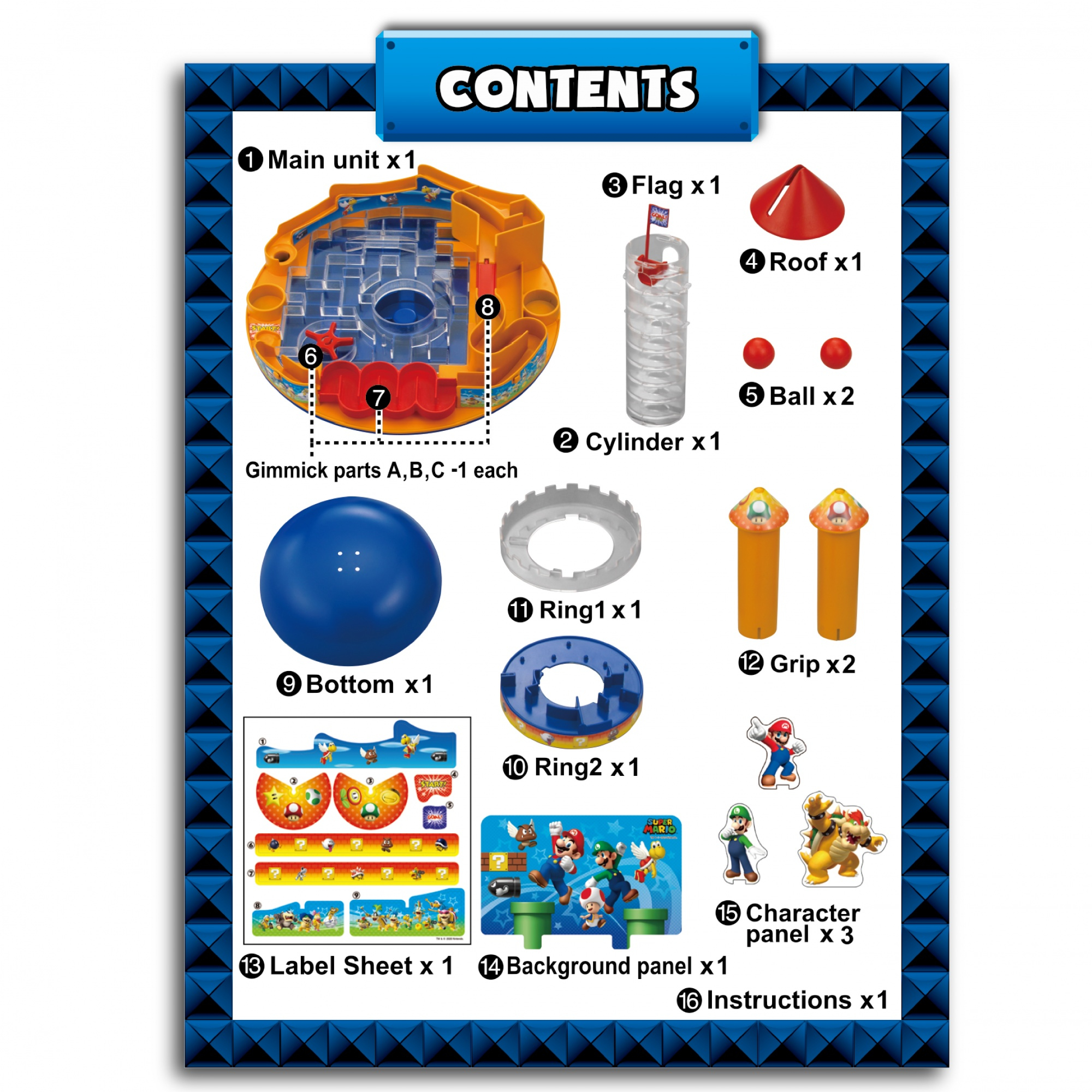 Obraz zawartości gry, w tym jednostki głównej, cylindra, flagi, dachu, kulek, uchwytów, pierścieni, paneli postaci i instrukcji.