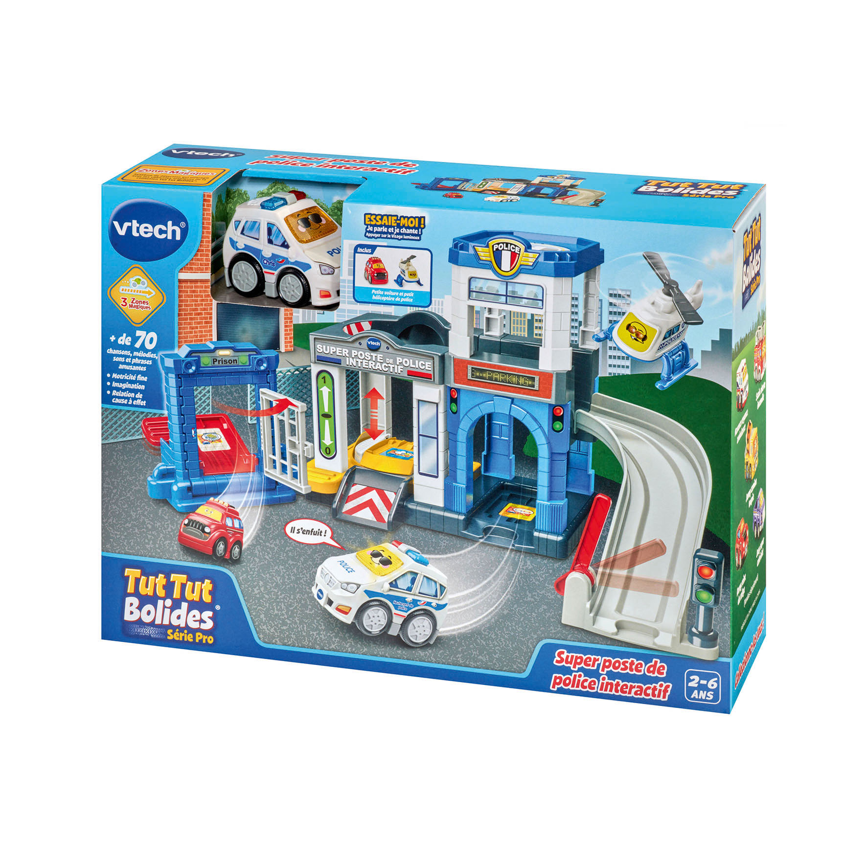 Zabawkowa komenda policji z samochodami i helikopterem. Pudełko pokazuje komendę i uciekający samochód. Kolorowe i zabawne.