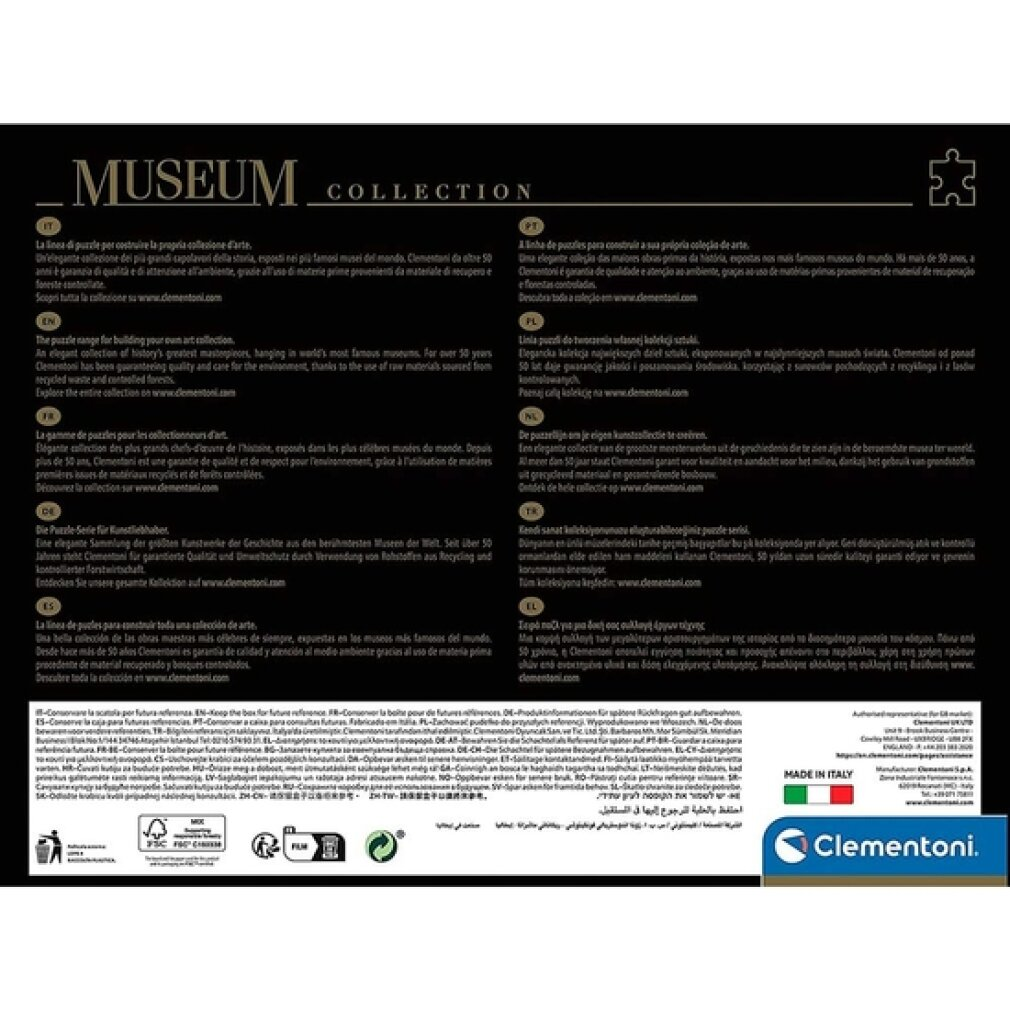 Czarne tło z tekstem w wielu językach, logo Clementoni w prawym dolnym rogu.
