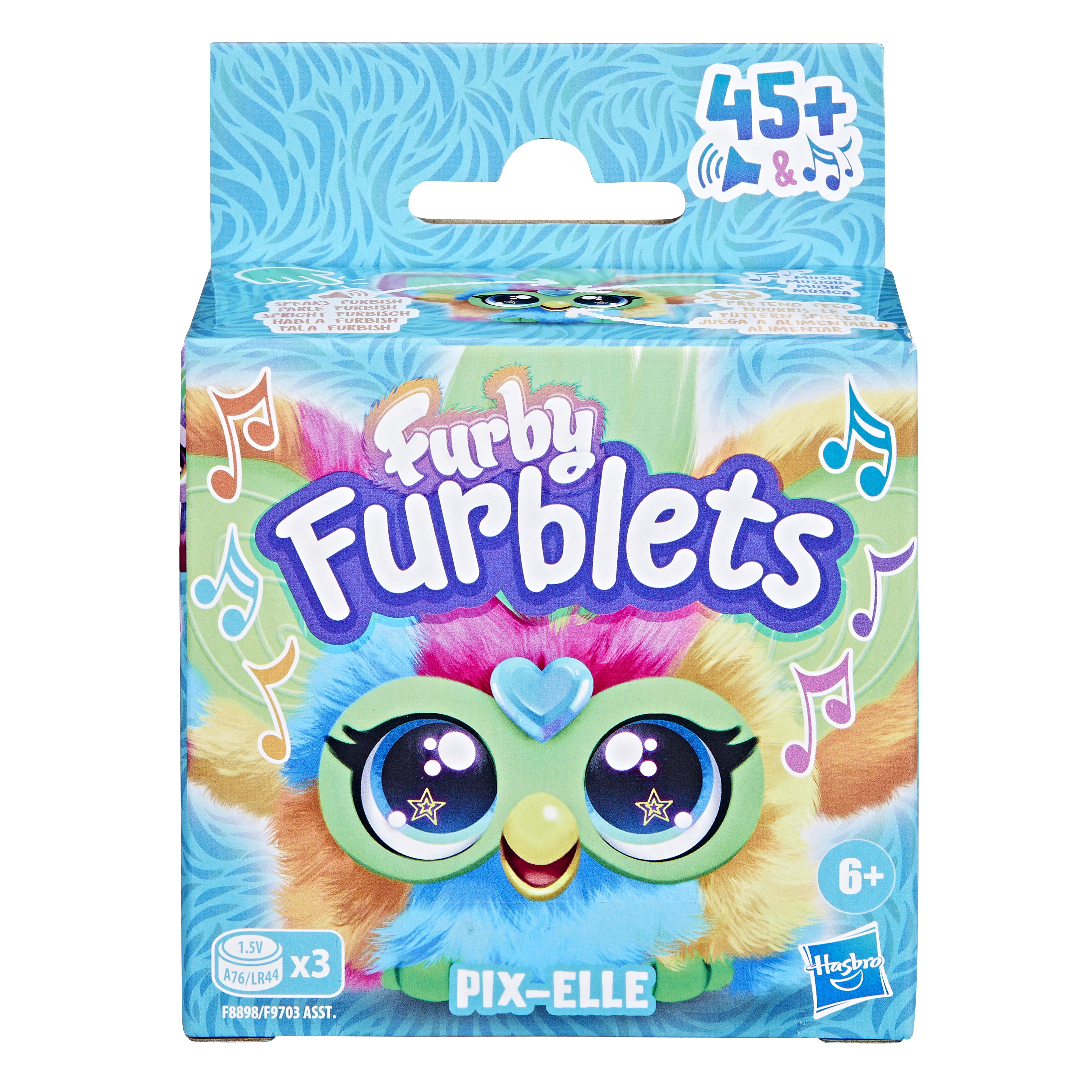 Caja de juguetes Furblets. Presenta una cara de Furby de dibujos animados coloridos y el texto 'PIX-ELLE'.