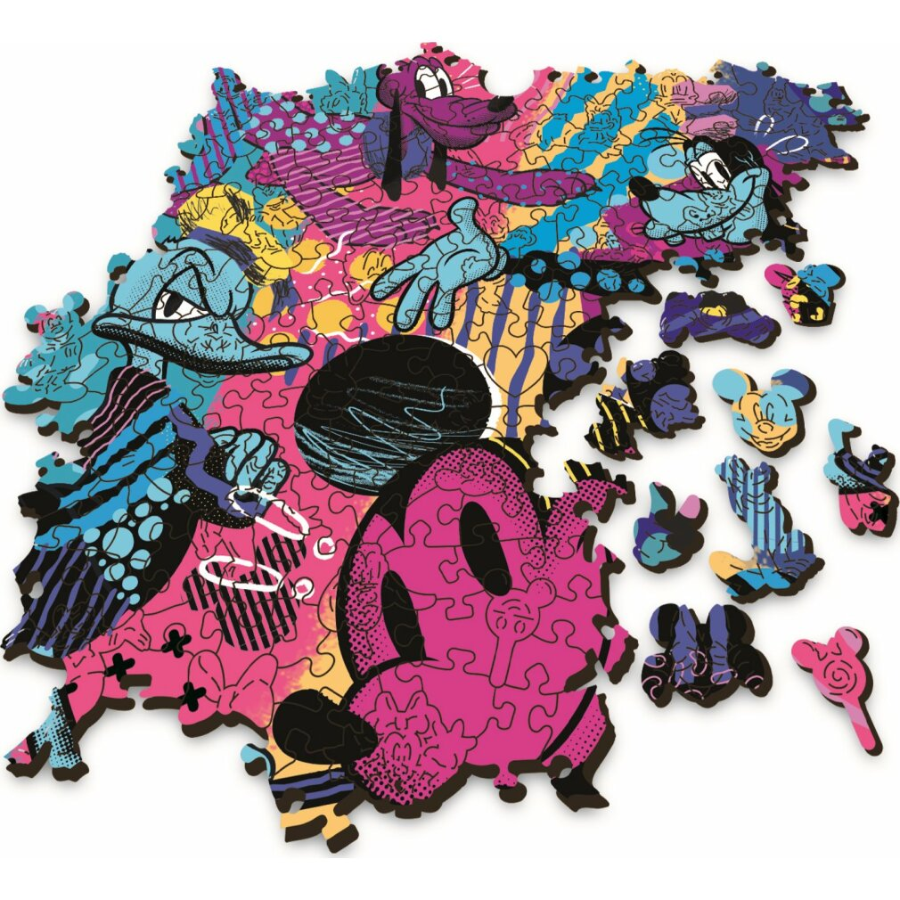 Un colorato puzzle Disney. Presenta Topolino, Paperino e Pluto. I pezzi del puzzle sono sparsi su uno sfondo bianco.