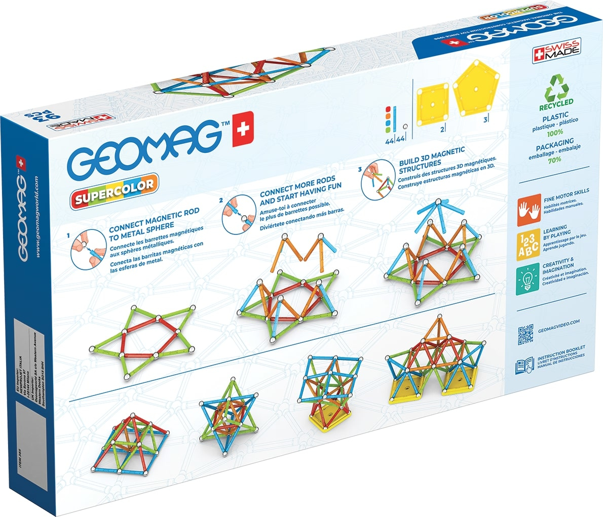 Scatola Geomag Supercolor. Mostra aste magnetiche colorate e sfere metalliche, con istruzioni e un logo Swiss Made.