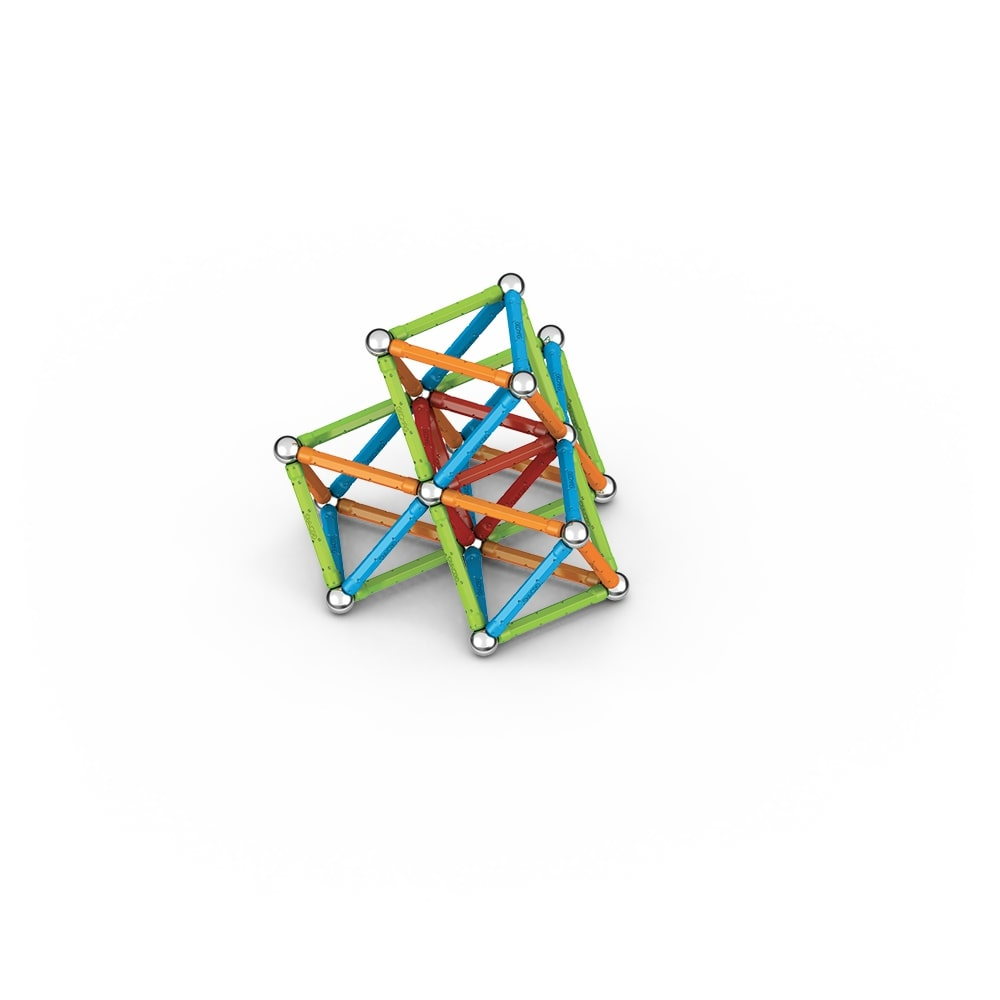 Una struttura geometrica colorata fatta di aste e sfere collegate. Le aste sono verdi, arancioni, blu e rosse.