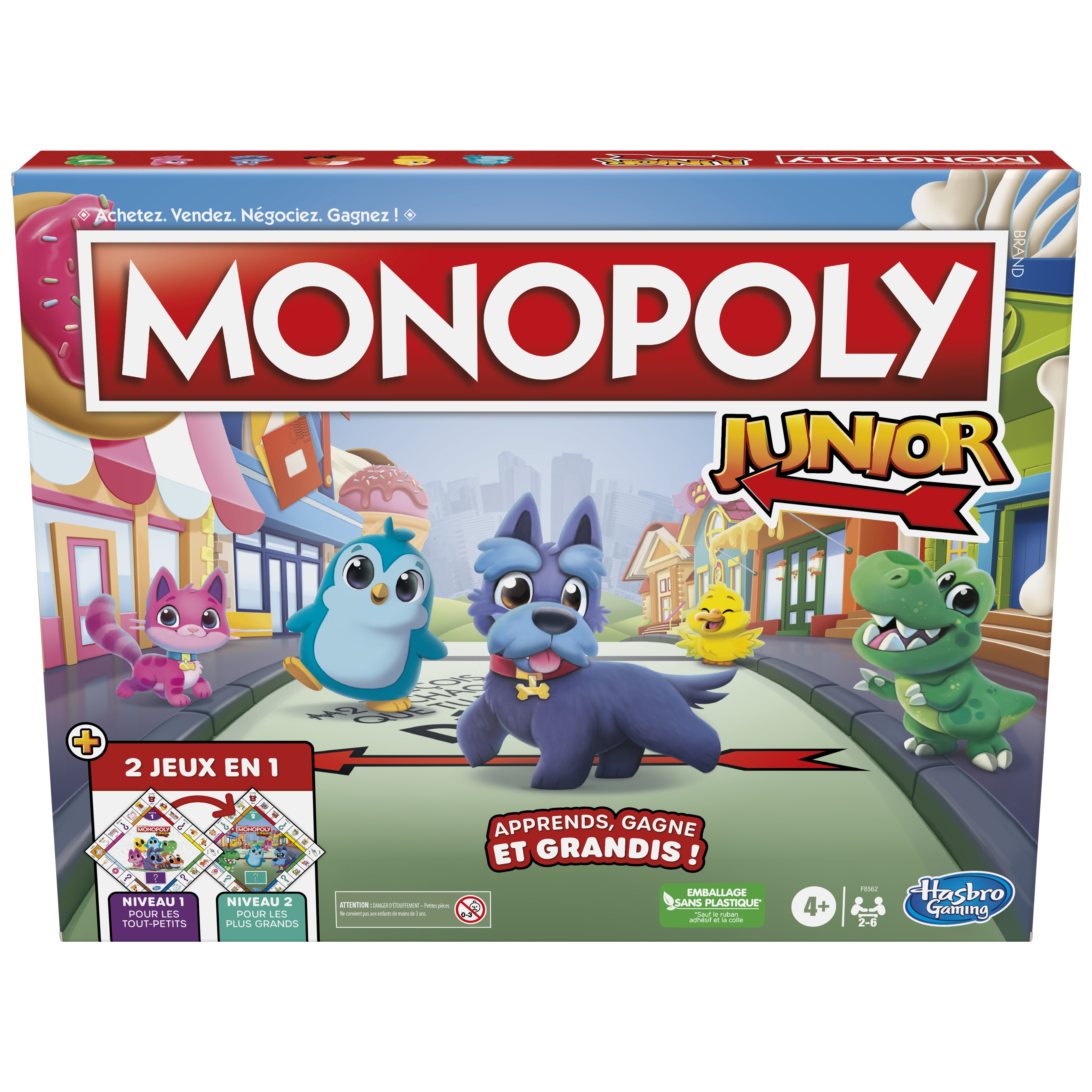 Pudełko gry planszowej Monopoly Junior. Postacie z kreskówek, pies, kot, pingwin i dinozaur z przodu.