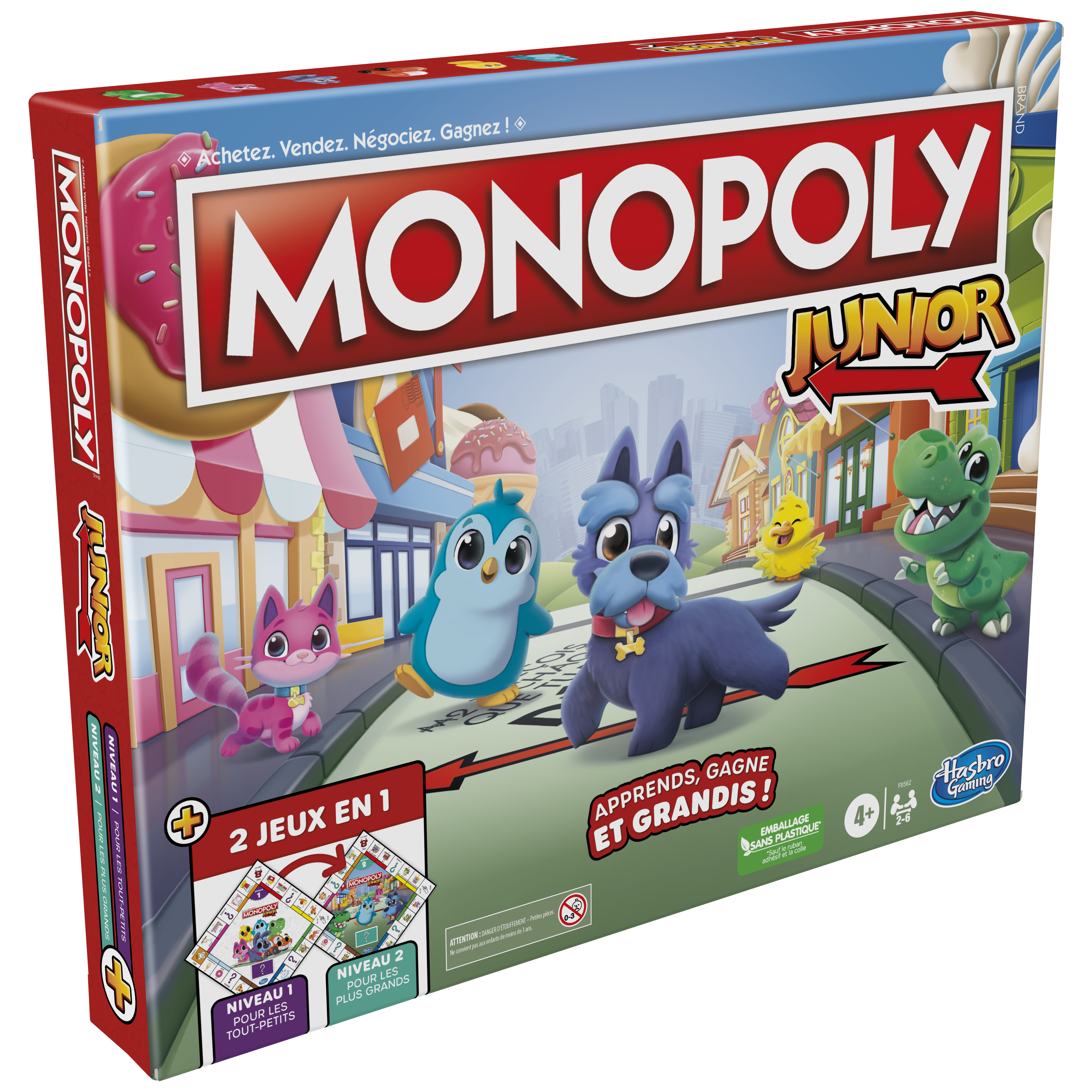Pudełko Monopoly Junior. Postacie to kot, pingwin, pies, dinozaur i kurczak. Pudełko jest czerwone i niebieskie.