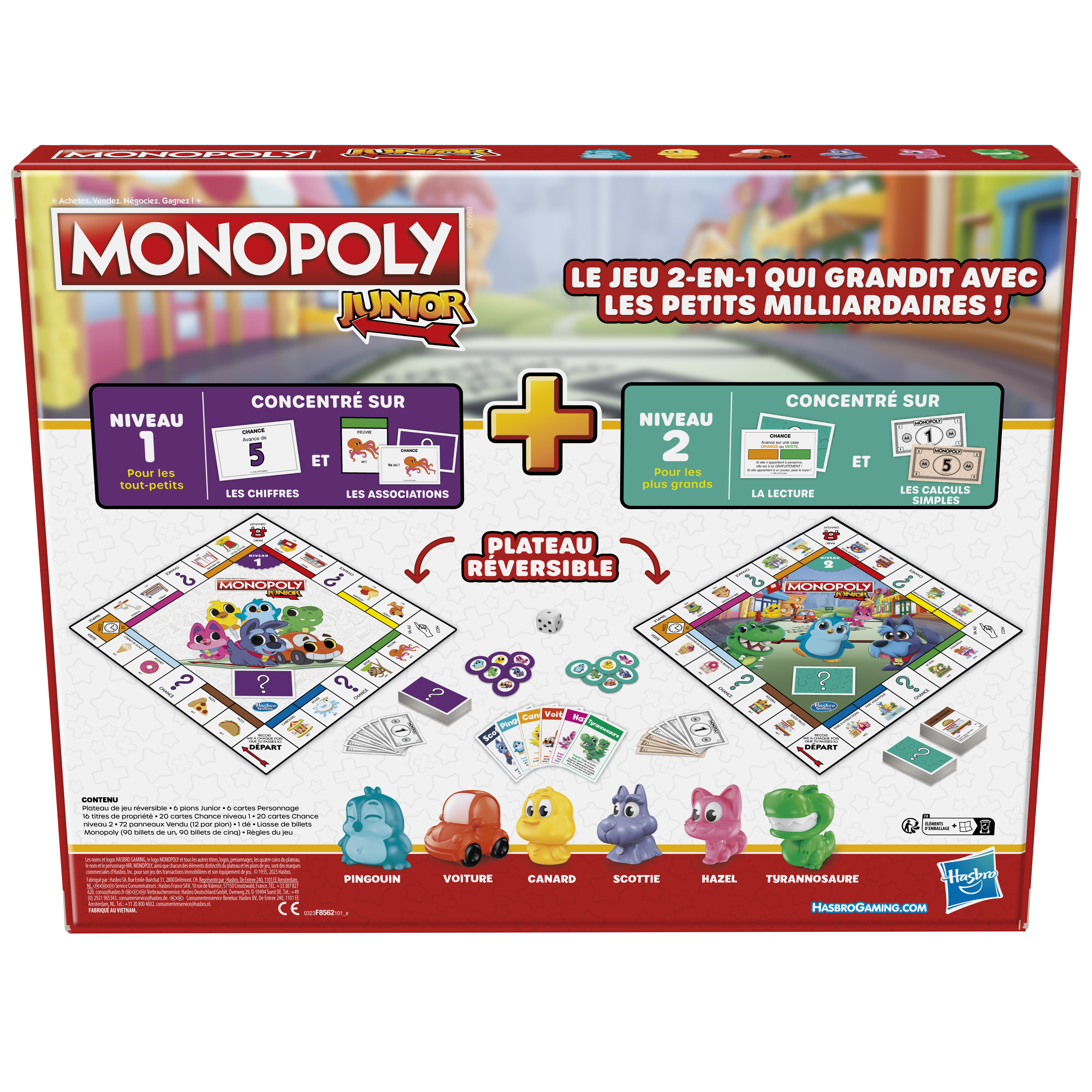 Pudełko gry planszowej Monopoly Junior. Zawiera planszę, pionki, karty i kostkę. Jasne kolory i postacie z kreskówek.
