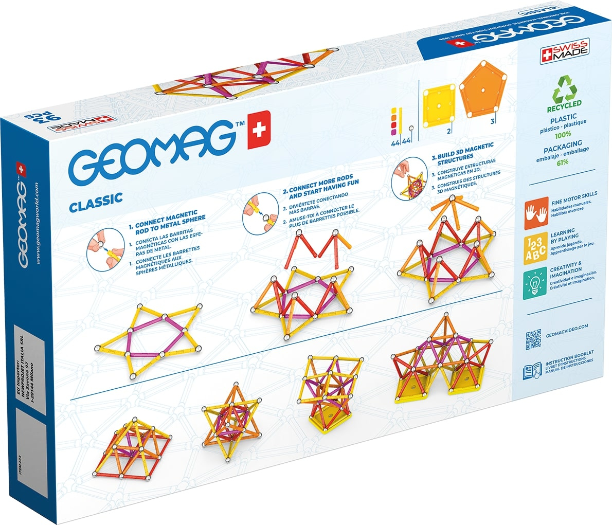 Scatola Geomag Classic con aste e sfere magnetiche colorate, che mostra esempi di strutture 3D e benefici dell'apprendimento.