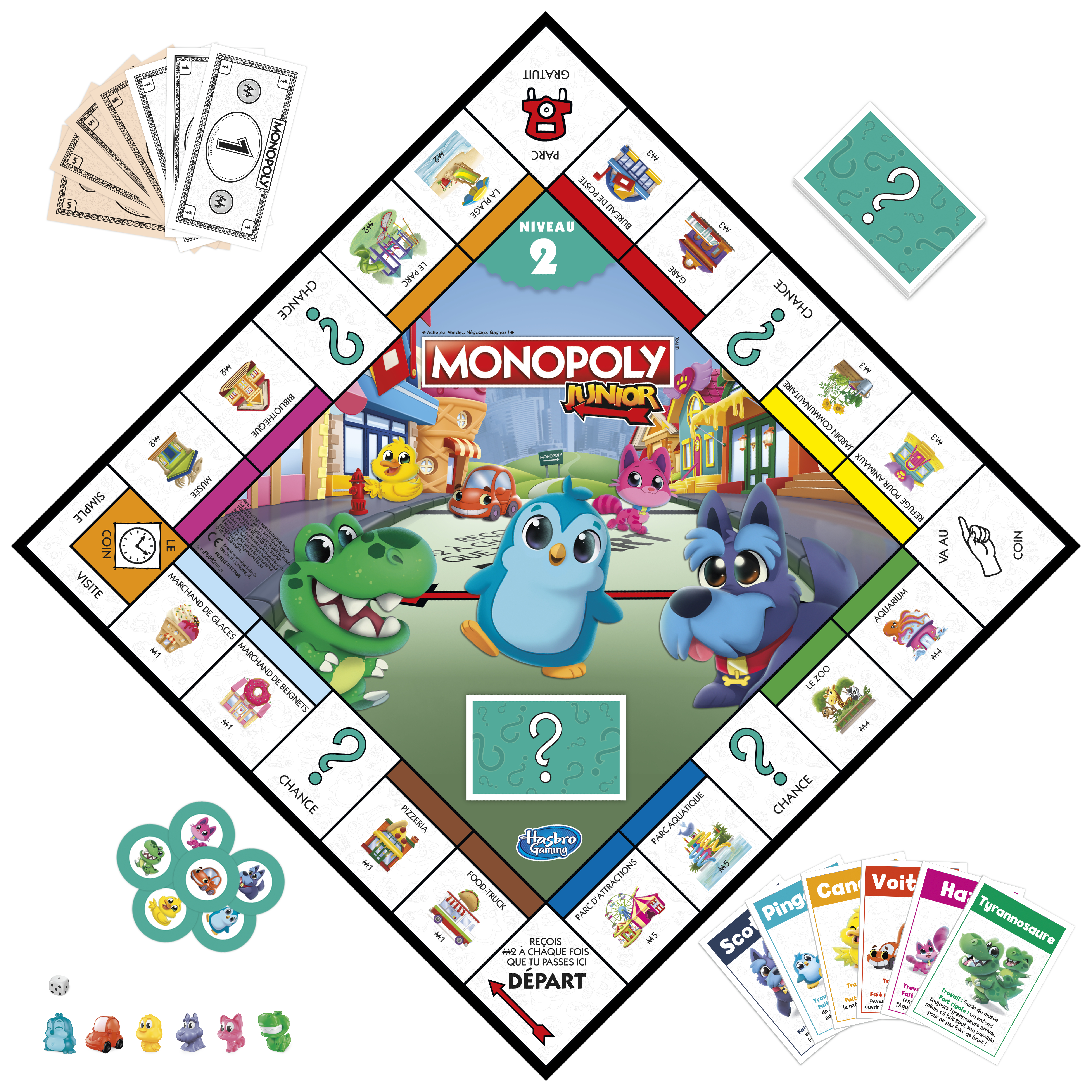 Gra planszowa Monopoly Junior. Zawiera pionki, karty, kostki i kolorowe postacie z kreskówek.
