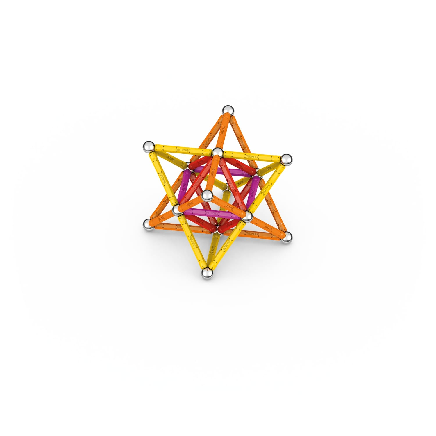 Una struttura geometrica colorata fatta di aste collegate e sfere d'argento, su superficie bianca, a forma di stella.