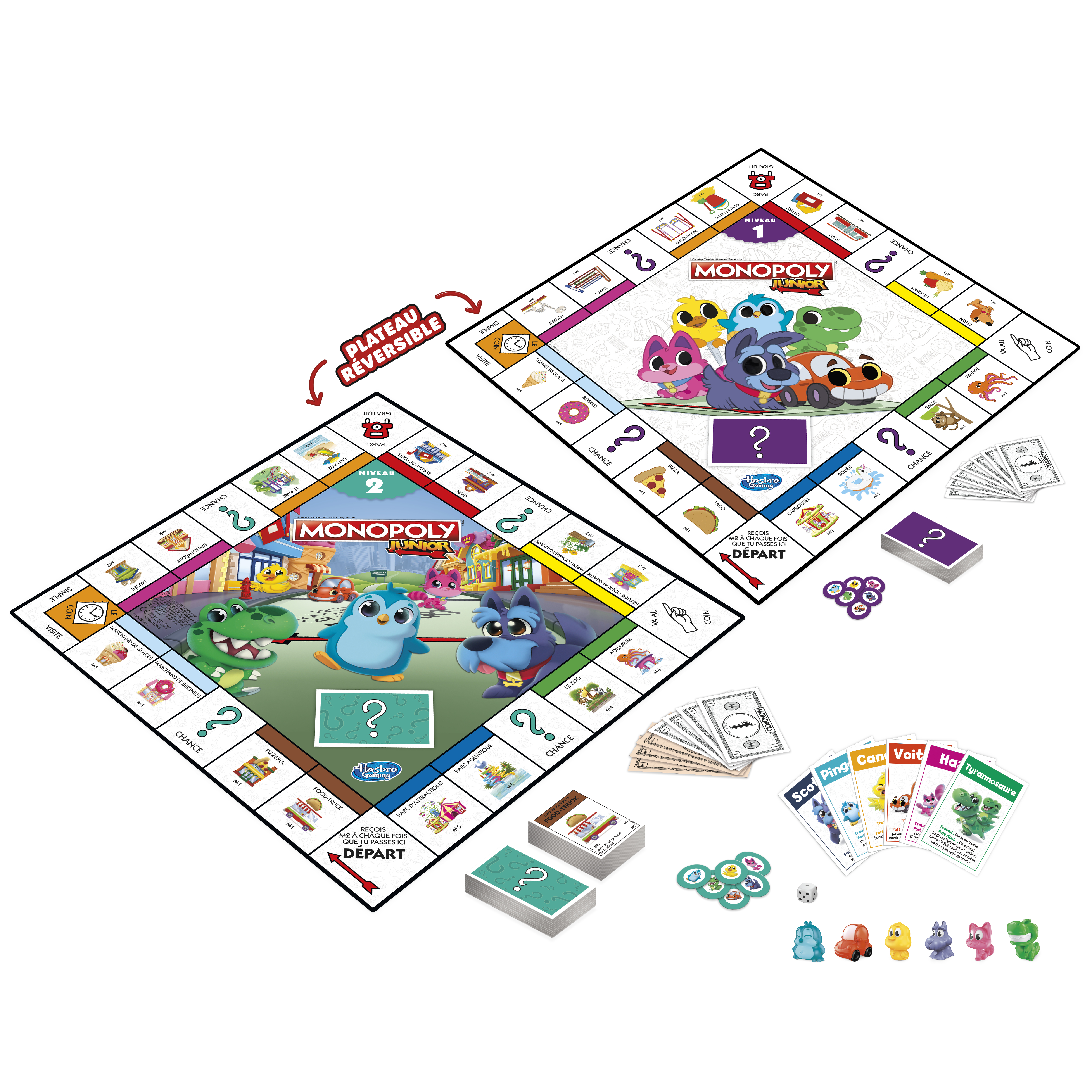 Gra planszowa Monopoly Junior. Zawiera dwie plansze, pionki, karty, kostki i pieniądze do gry.