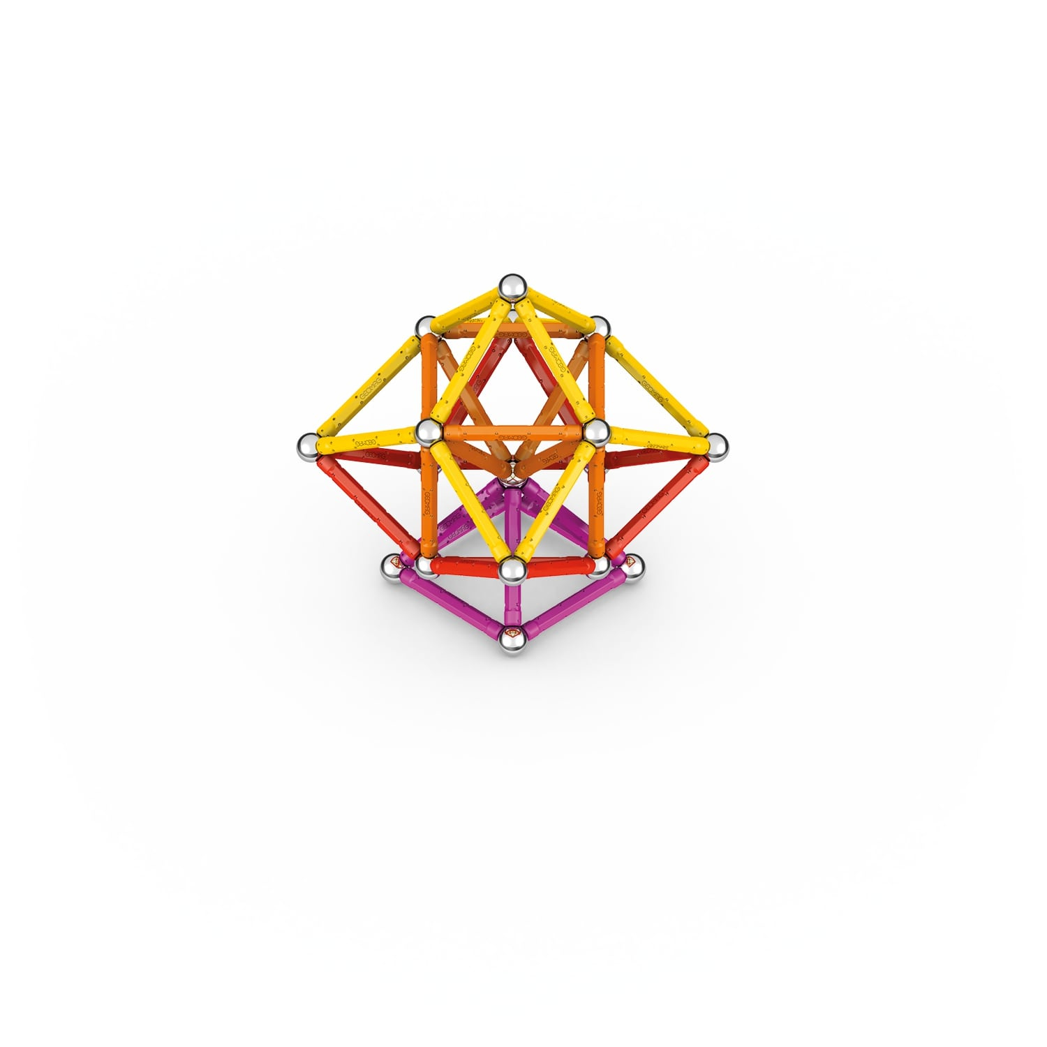 Una struttura geometrica colorata fatta di aste collegate e sfere argentate. I colori includono giallo, arancione, rosso e viola su sfondo bianco.