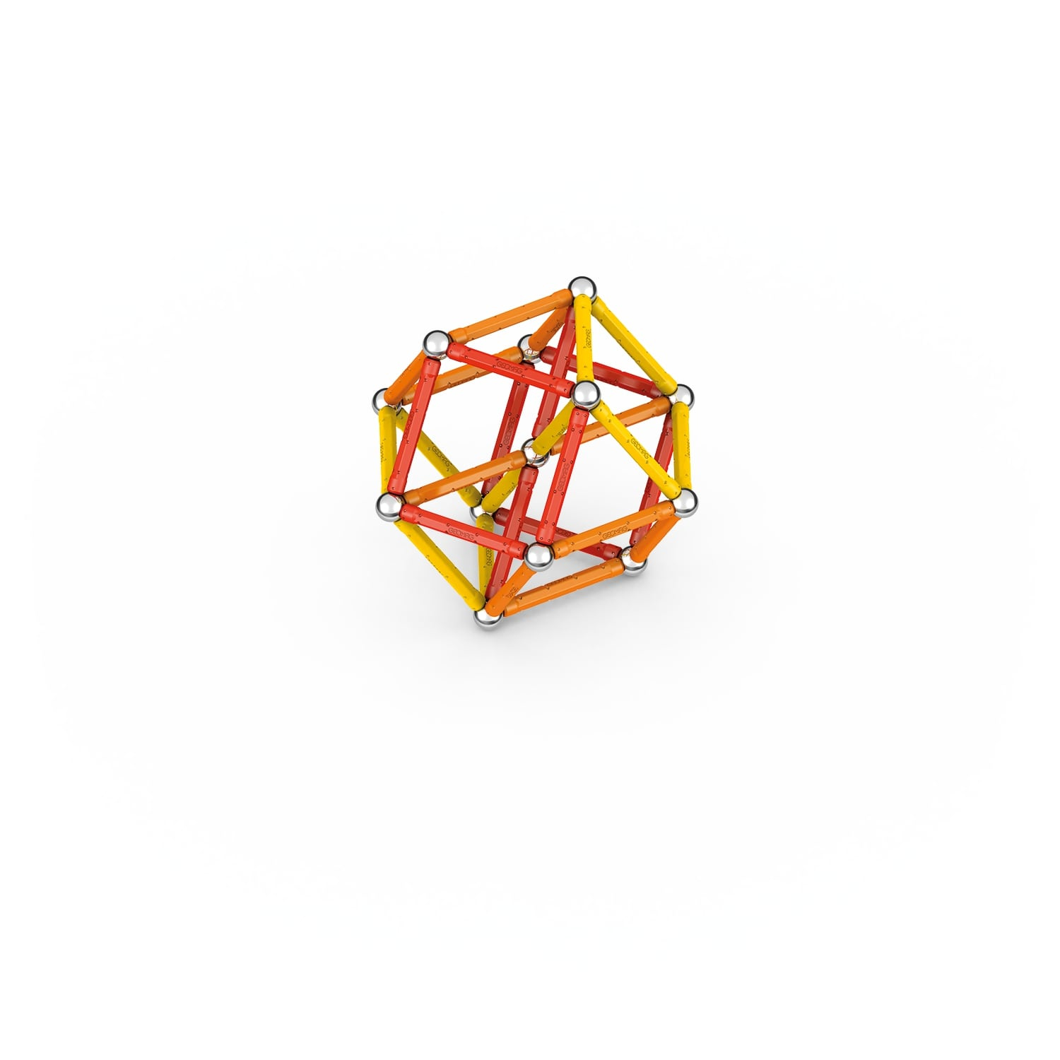 Una struttura geometrica composta da bastoncini colorati e sfere argentate. La struttura è rossa, arancione e gialla su sfondo bianco.
