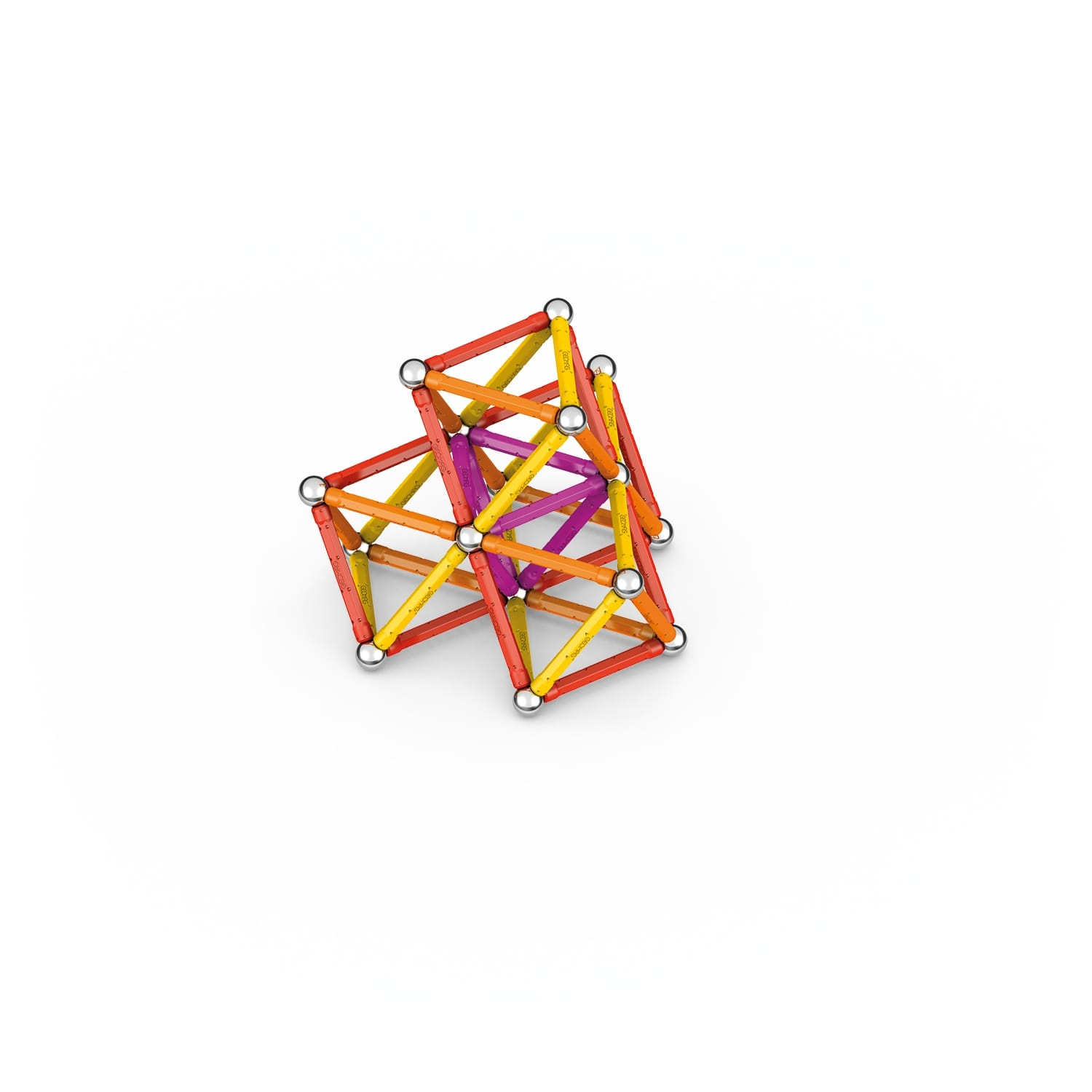 Struttura geometrica colorata con aste e sfere argentate. Colori: rosso, arancione, giallo e viola su sfondo bianco.