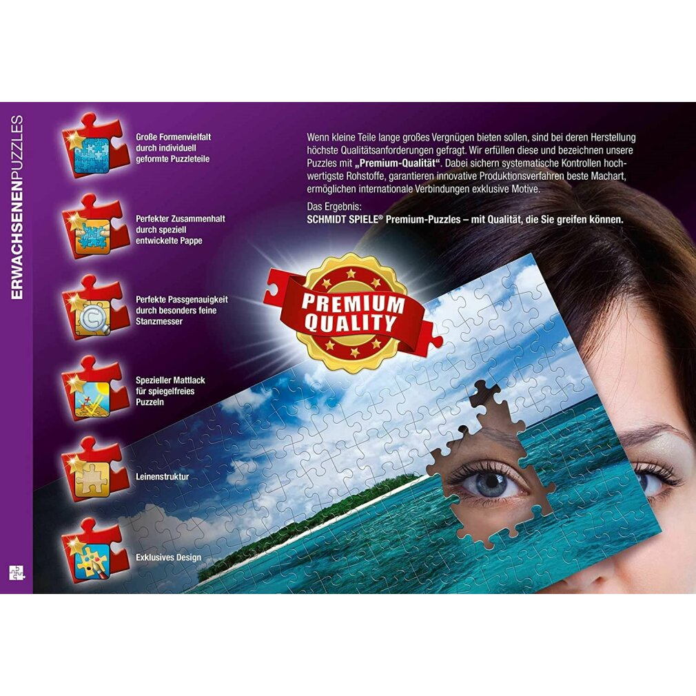Das Auge einer Frau blickt durch ein Puzzleteil. Das Puzzle zeigt eine Ozeanszene. Text wirbt für Premium-Qualitäts-Puzzles.
