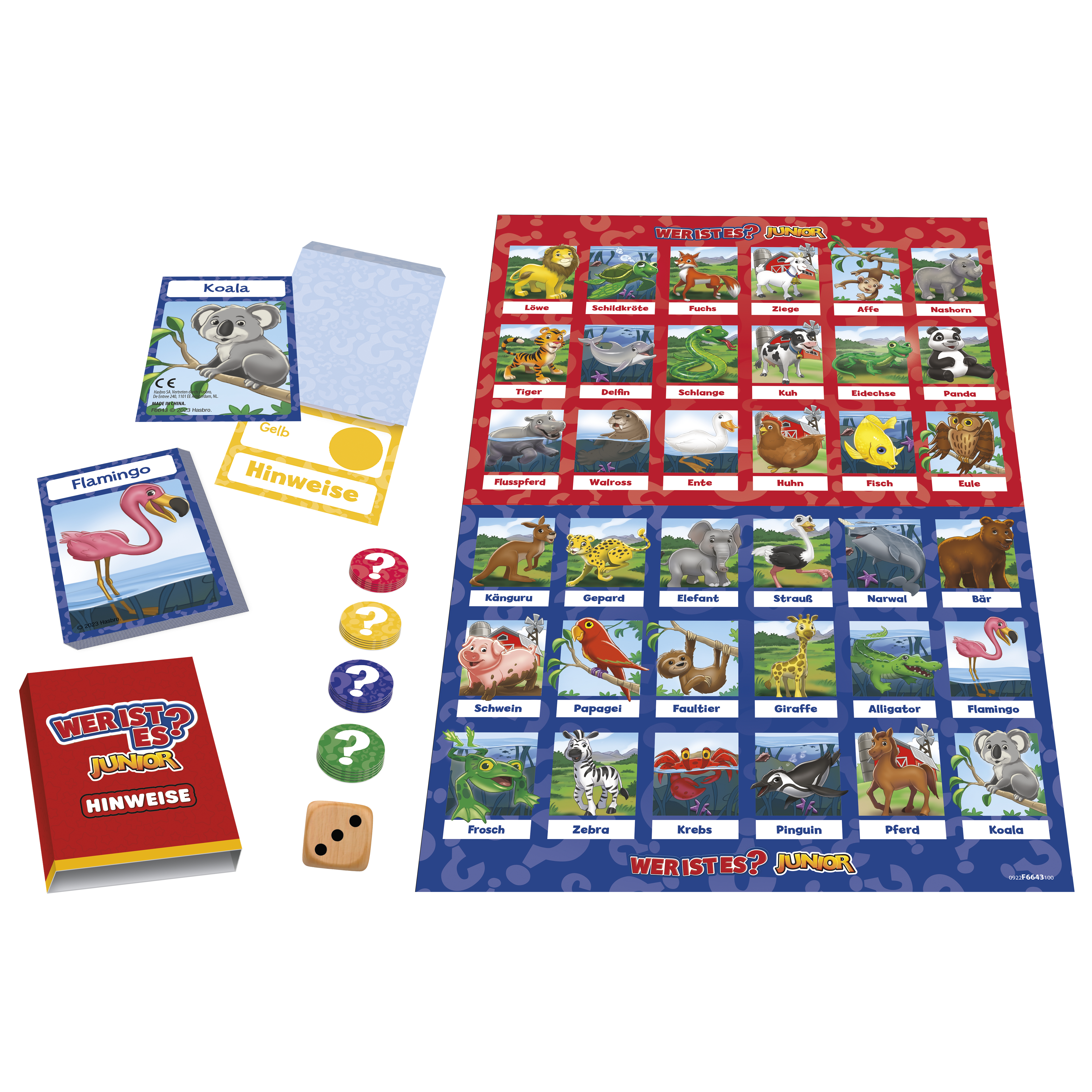 Ein Brettspiel mit Tierkarten, Fragezeichen und einem Würfel. Karten zeigen Tiere wie Flamingo und Koala.