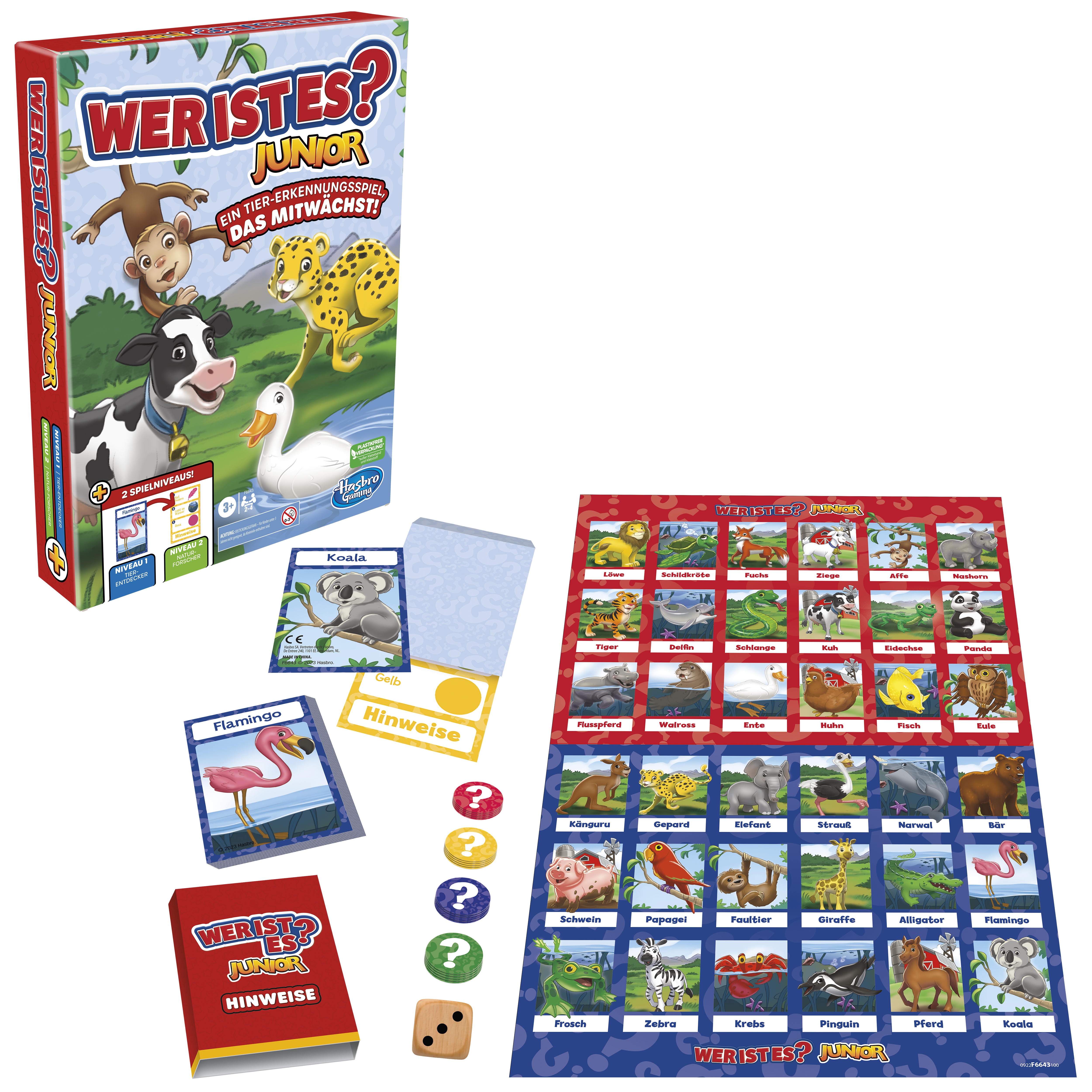 Ein Kinderspiel mit Tierillustrationen. Enthält eine Box, Karten und ein Spielbrett mit verschiedenen Tieren.