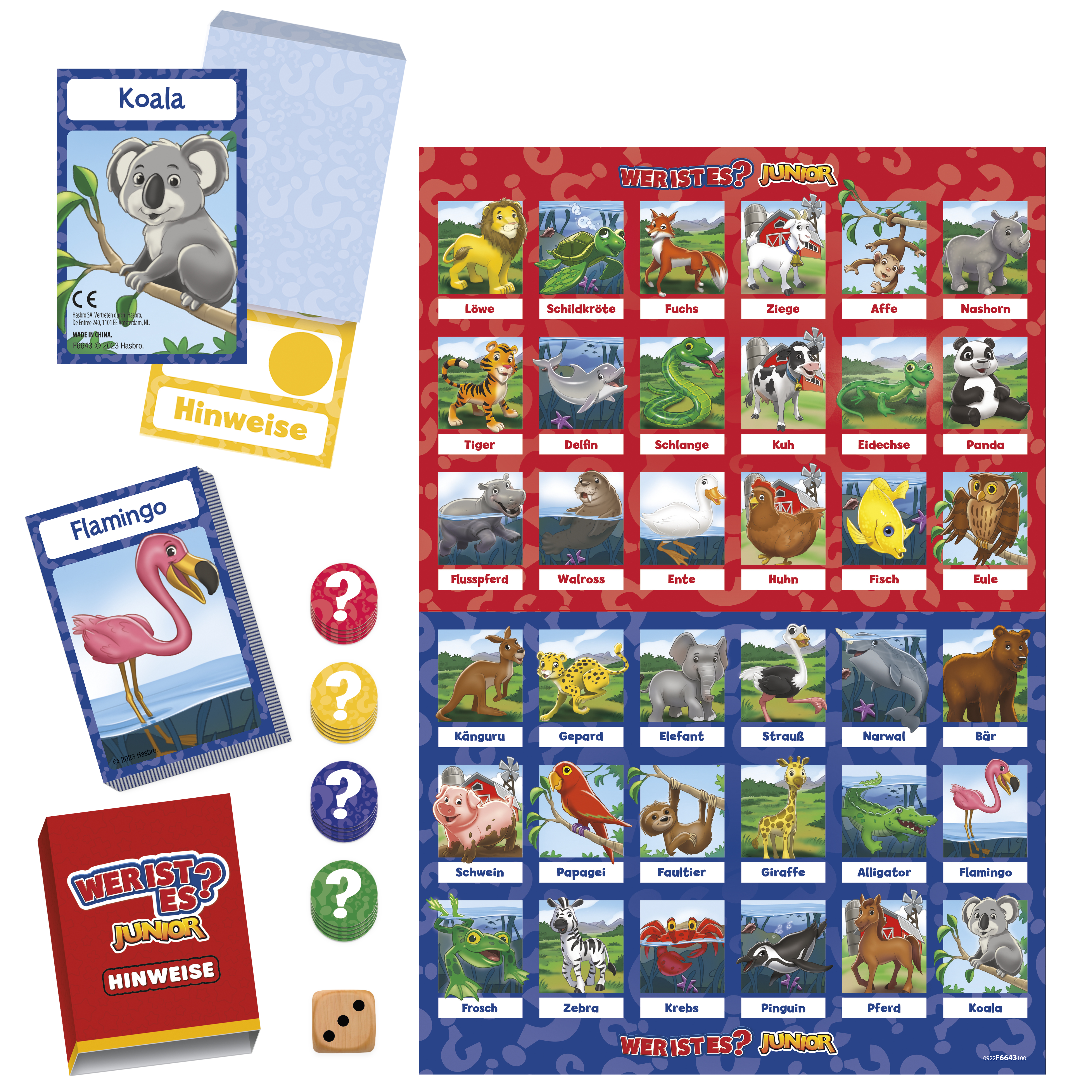 Ein Kinderspielbrett mit Tierbildern. Karten und Würfel sind vorhanden. Das Spiel trägt den Titel 'Wer ist es? Junior'.