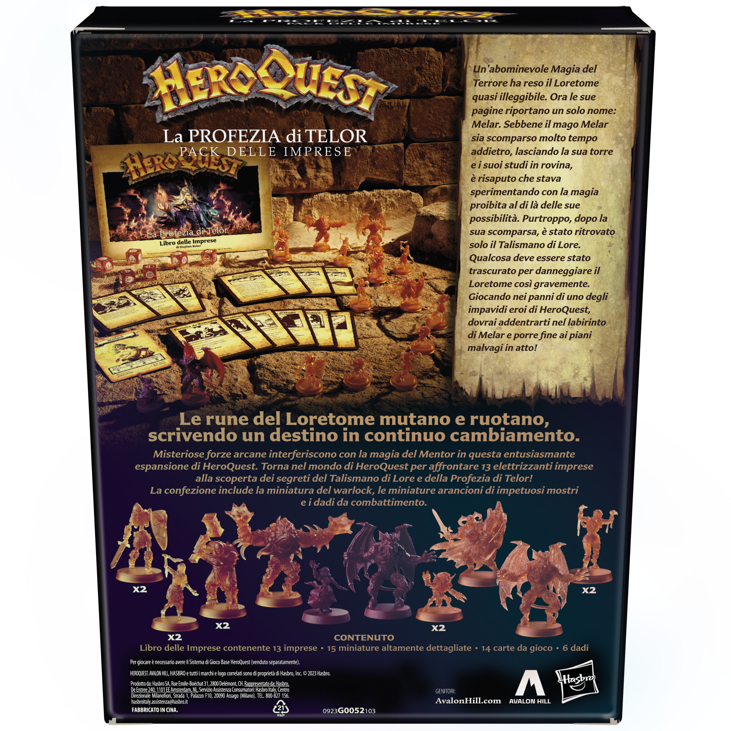 Schachtelkunst für die HeroQuest-Erweiterung. Sie zeigt Miniaturen, Karten und Würfel. Der Text ist auf Italienisch.