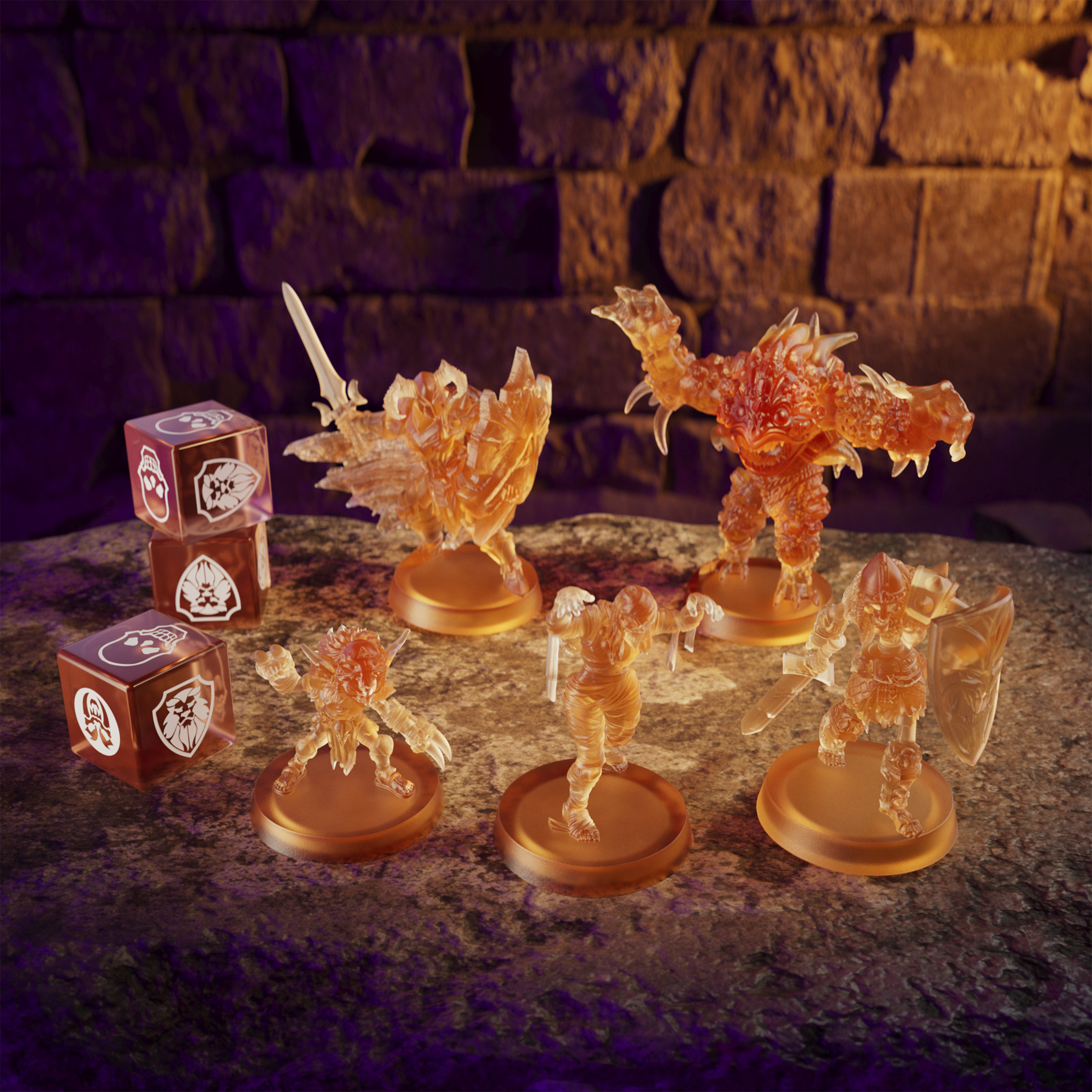 Orange durchscheinende Figuren und Würfel auf einer Steinoberfläche vor einer Backsteinmauer mit lila und orangefarbenem Licht.