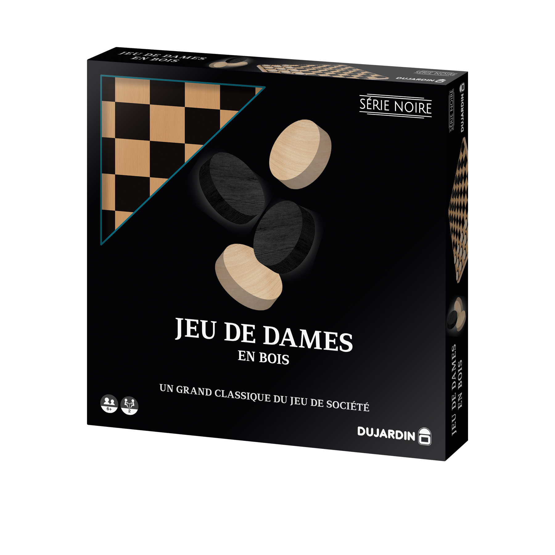 A box for the game 'Jeu de Dames'. The box is black with the game name and pieces on it. Also the brand logo.