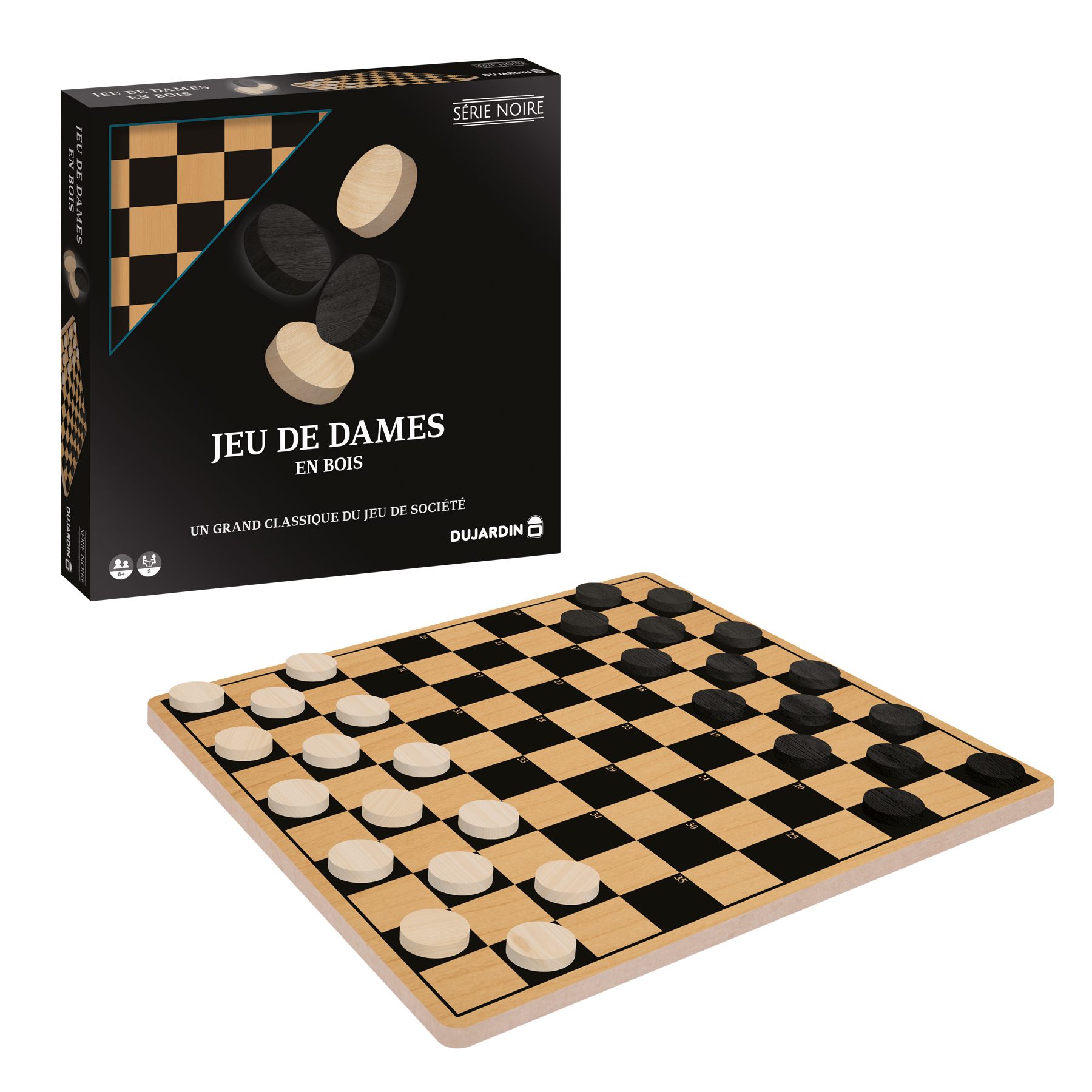 A checkers game set. A board with black and white squares, and black and beige checkers pieces. The box is also visible.