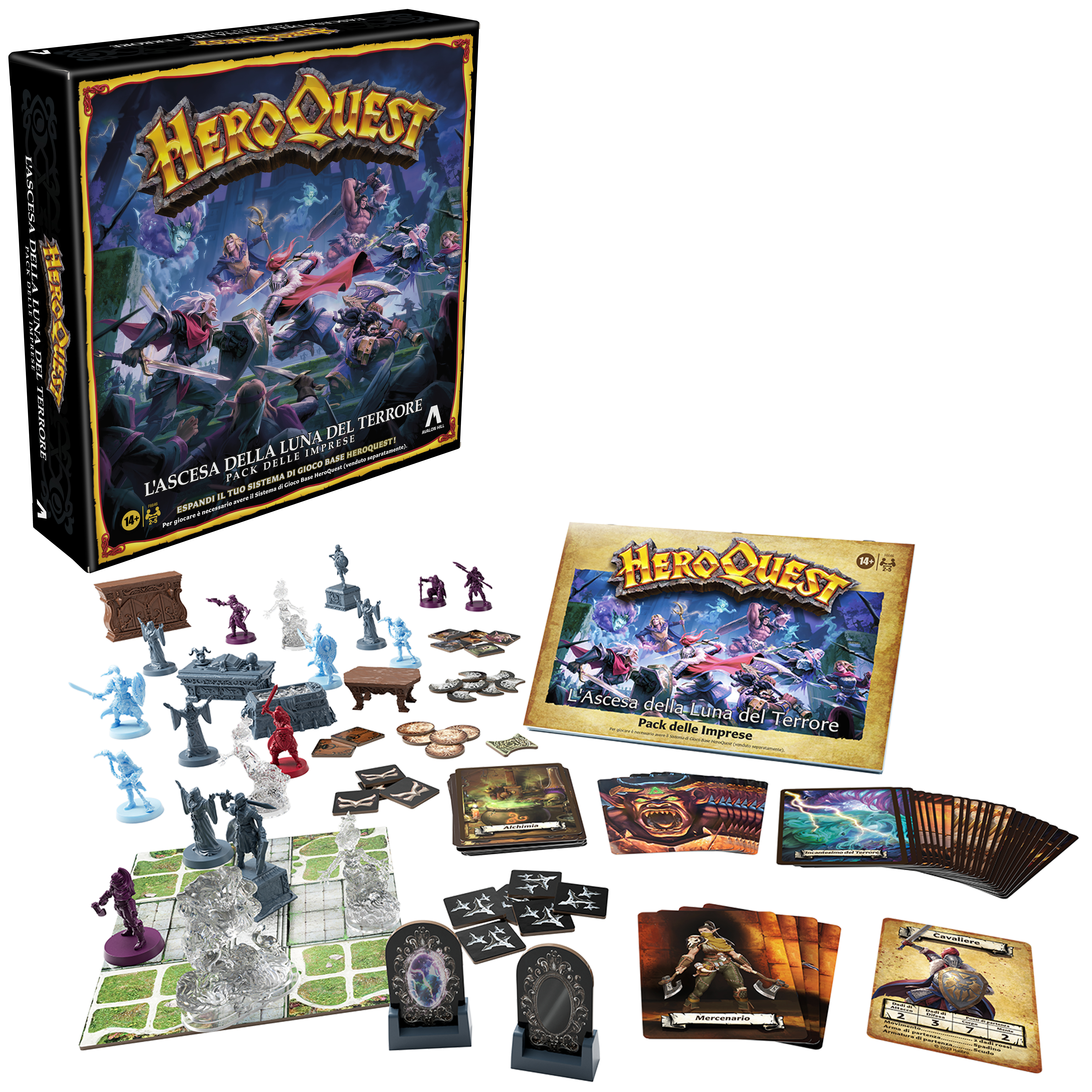 Eine HeroQuest-Brettspielbox, Spielsteine, Karten und ein Spielbrett werden auf einer weißen Oberfläche gezeigt.