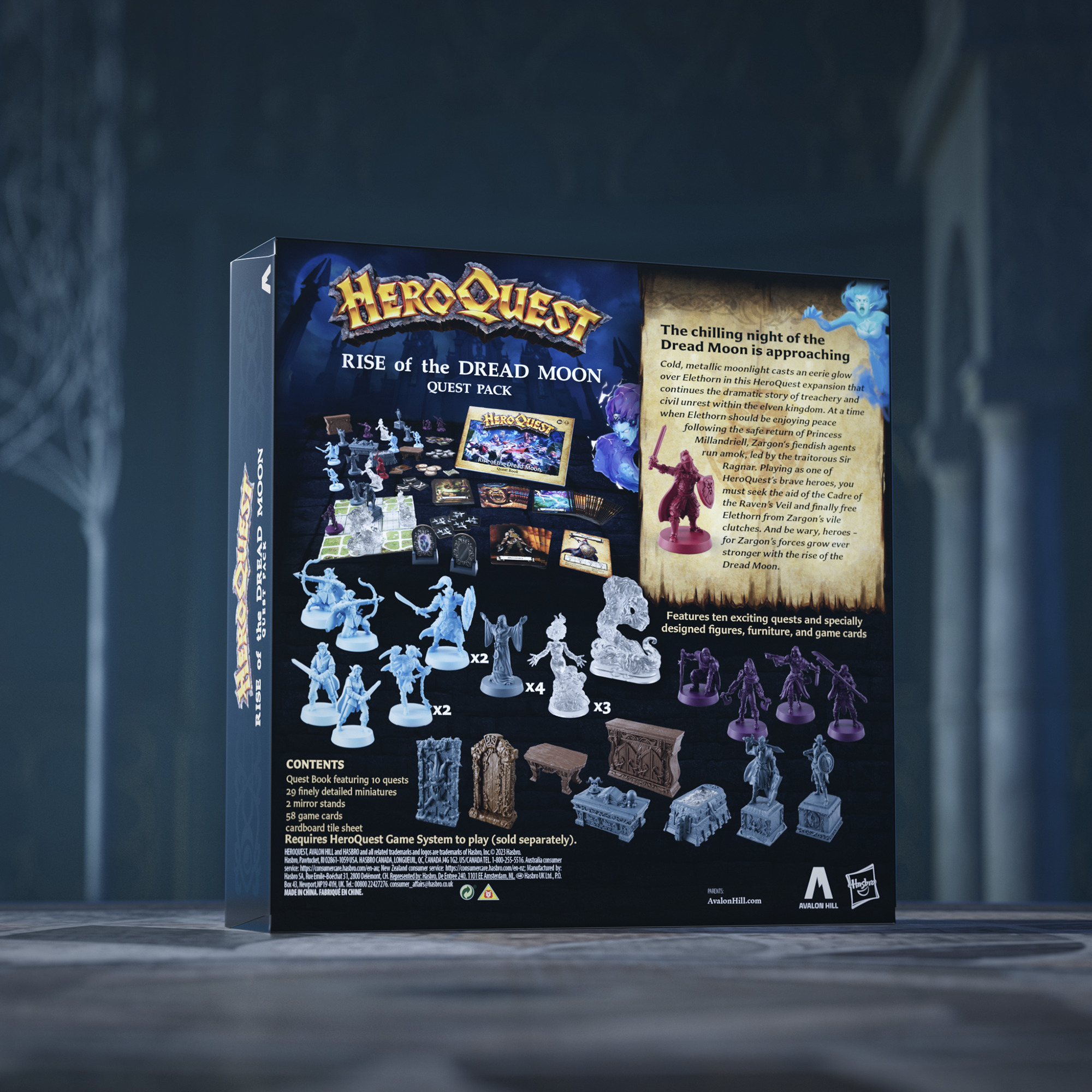 Schachtelkunst für die HeroQuest-Erweiterung. Enthält Figuren, Spielkarten und Text. Dunkelblauer Hintergrund.