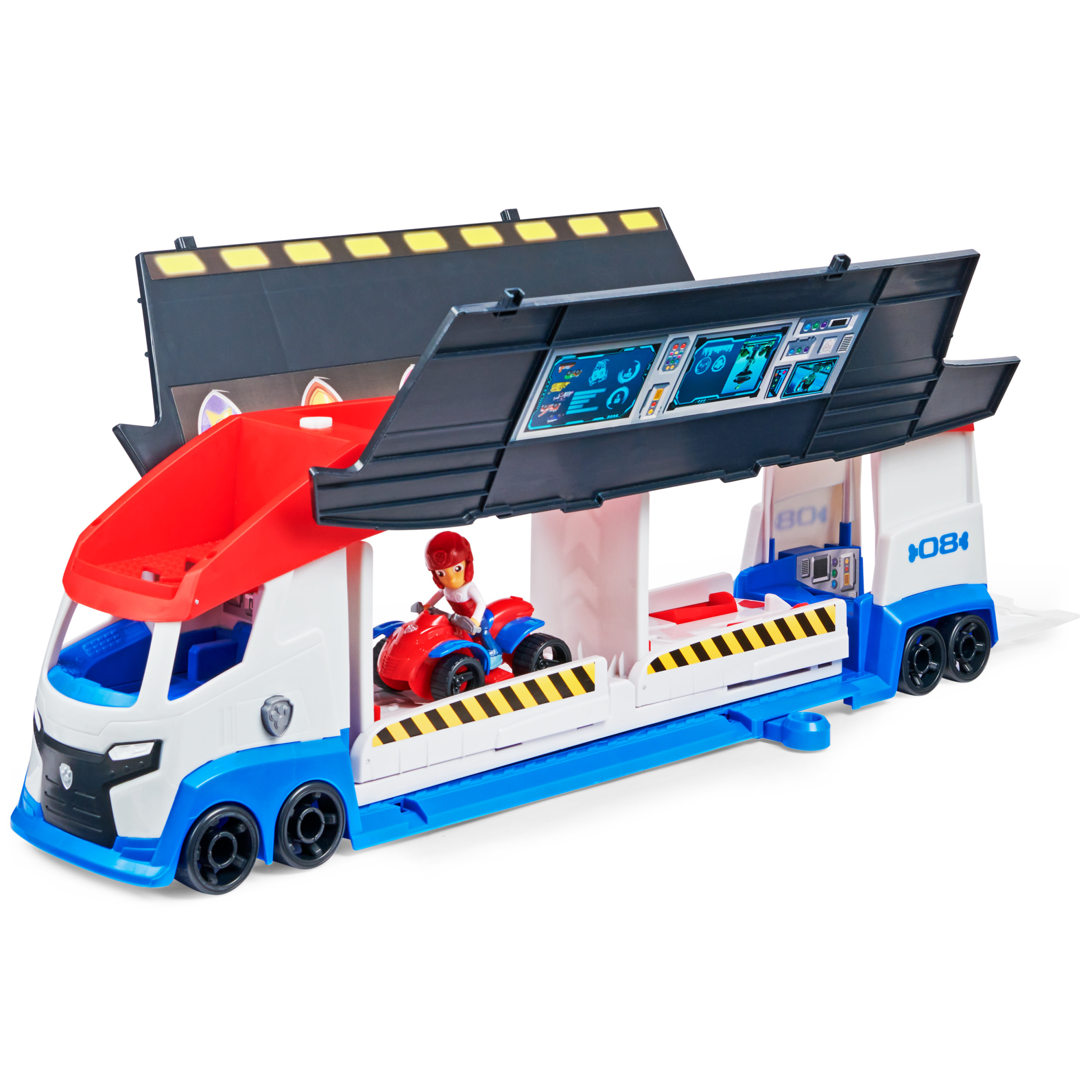 Ein Spielzeug-Paw-Patrol-Truck mit einem roten Fahrzeug und einer Figur. Es hat blaue, weiße und rote Farben. Die Oberseite lässt sich öffnen.