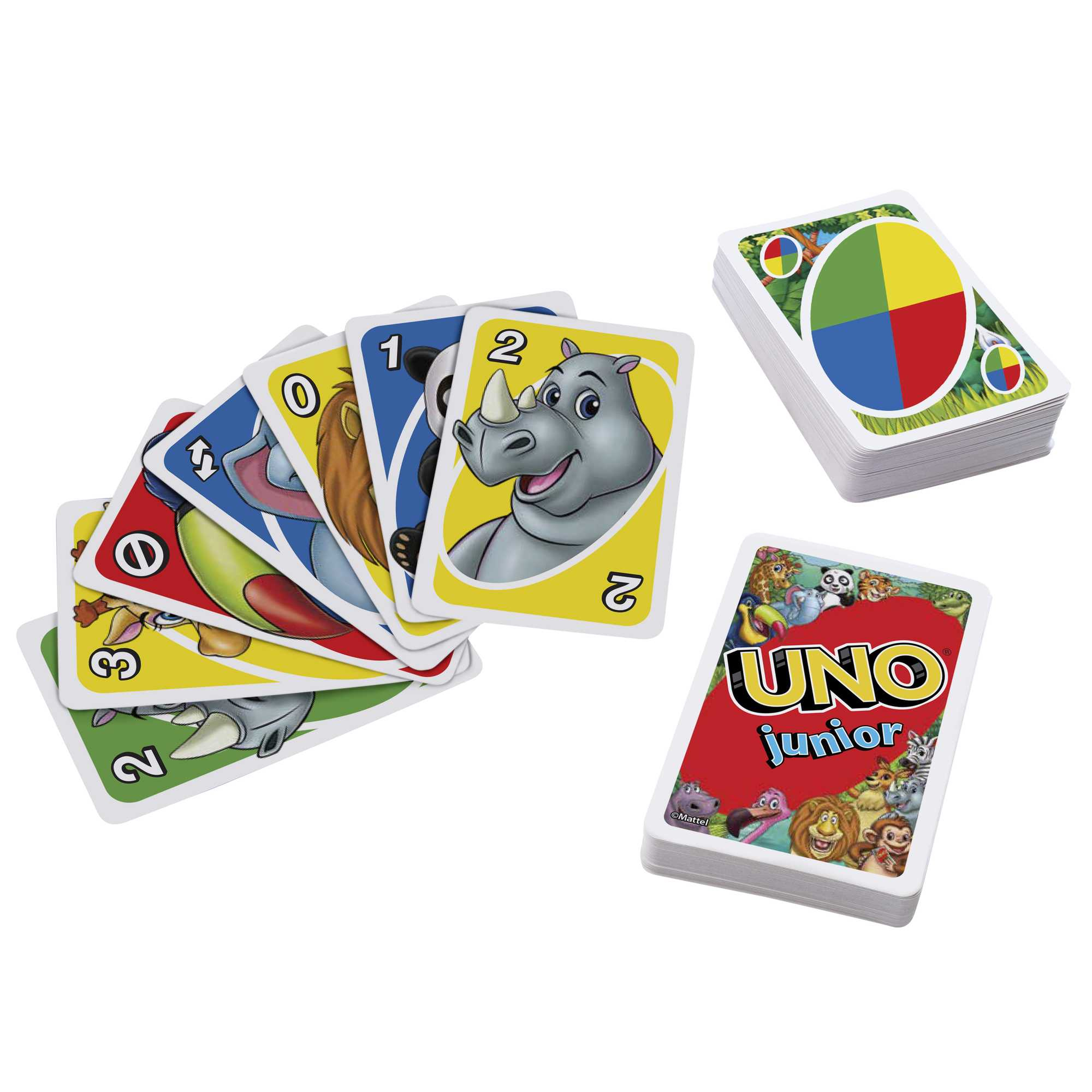 Un jeu de cartes UNO Junior. Les cartes sont étalées, avec des piles visibles. Les cartes ont des illustrations d'animaux et des chiffres.