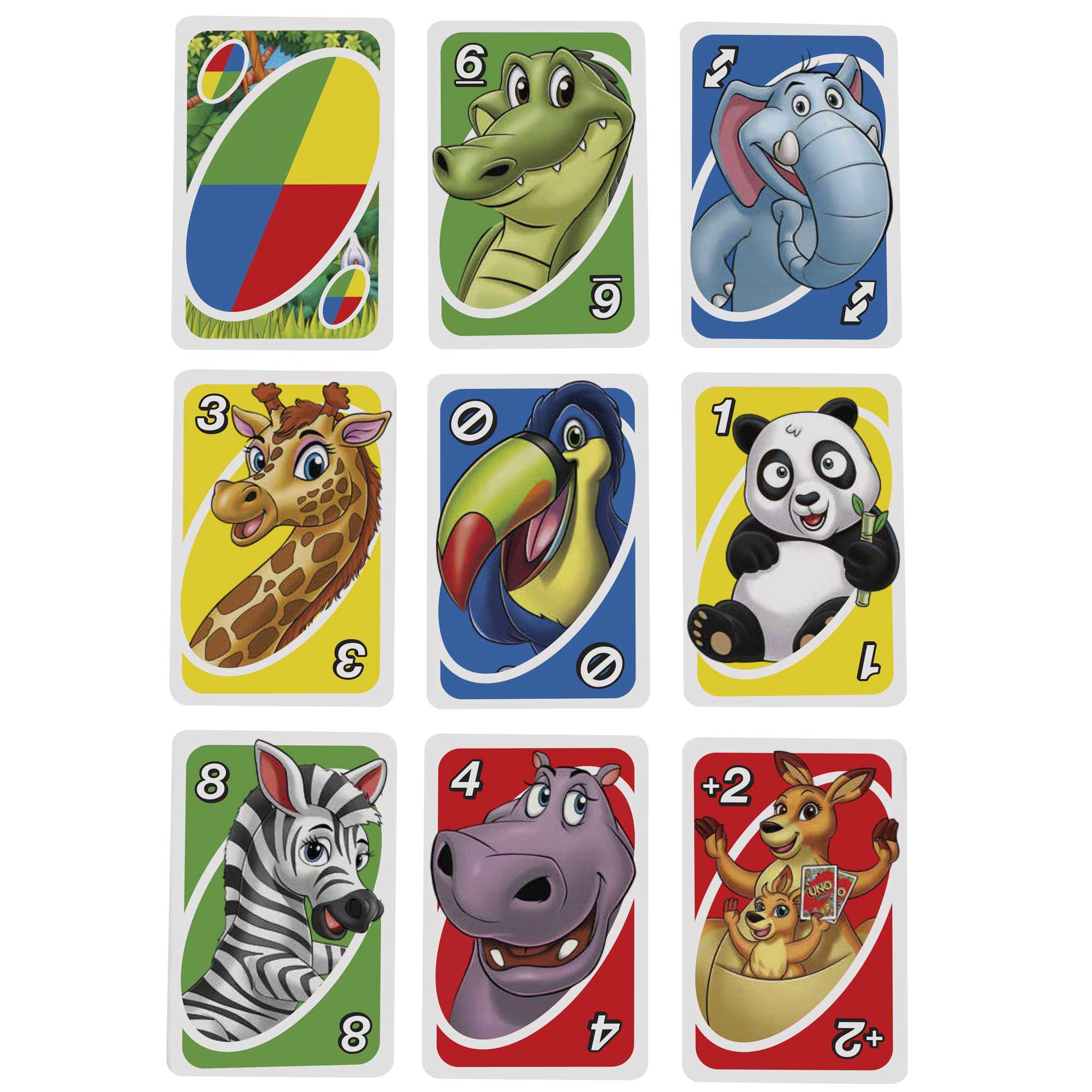 Neuf cartes Uno avec des illustrations d'animaux. Elles comprennent une girafe, un zèbre, un panda, un crocodile, un toucan, un kangourou, un hippopotame et un éléphant.
