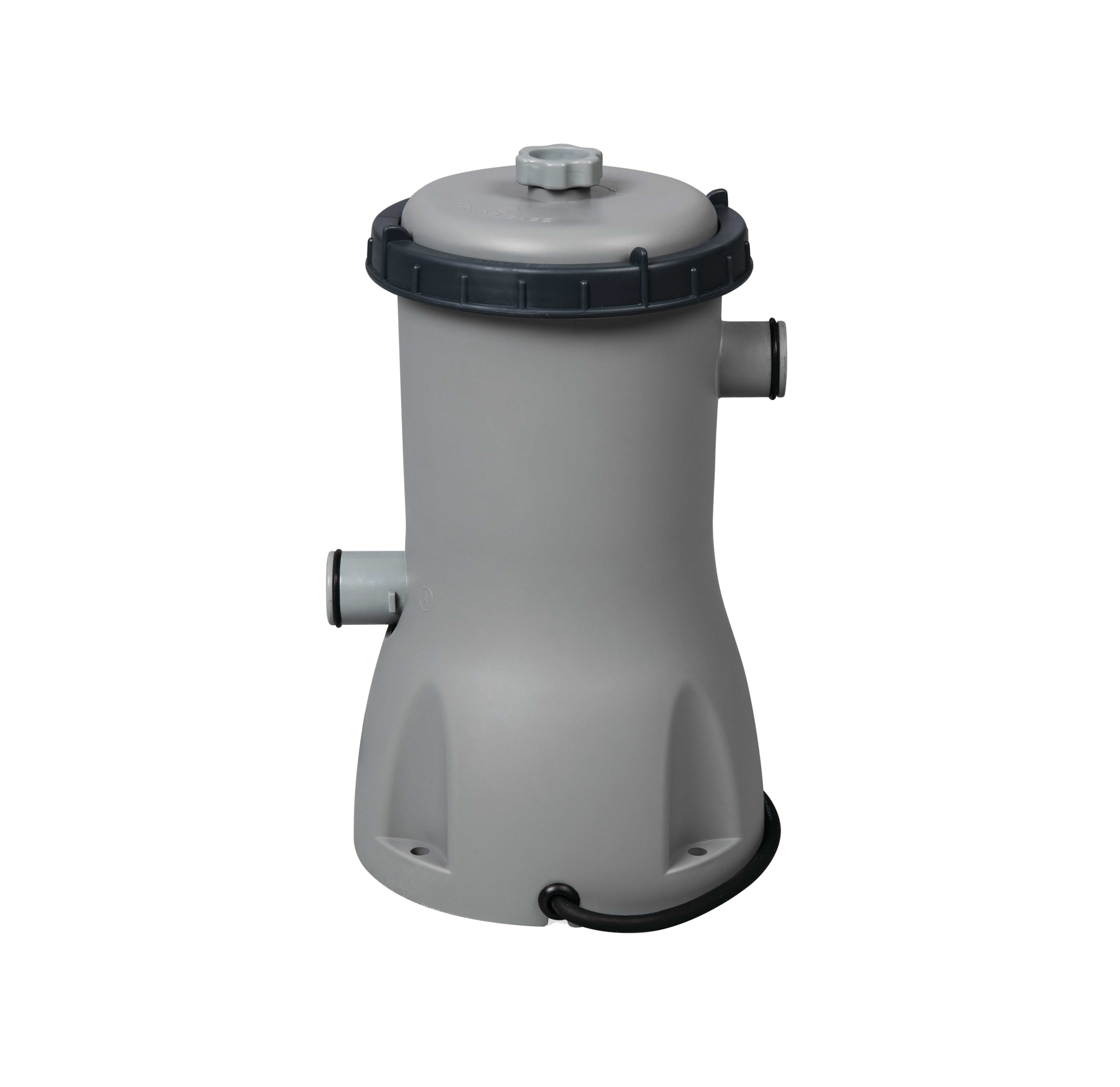 Ein grauer Wasserfilter mit dunklergrauem Deckel und schwarzem Sockel, vor weißem Hintergrund.