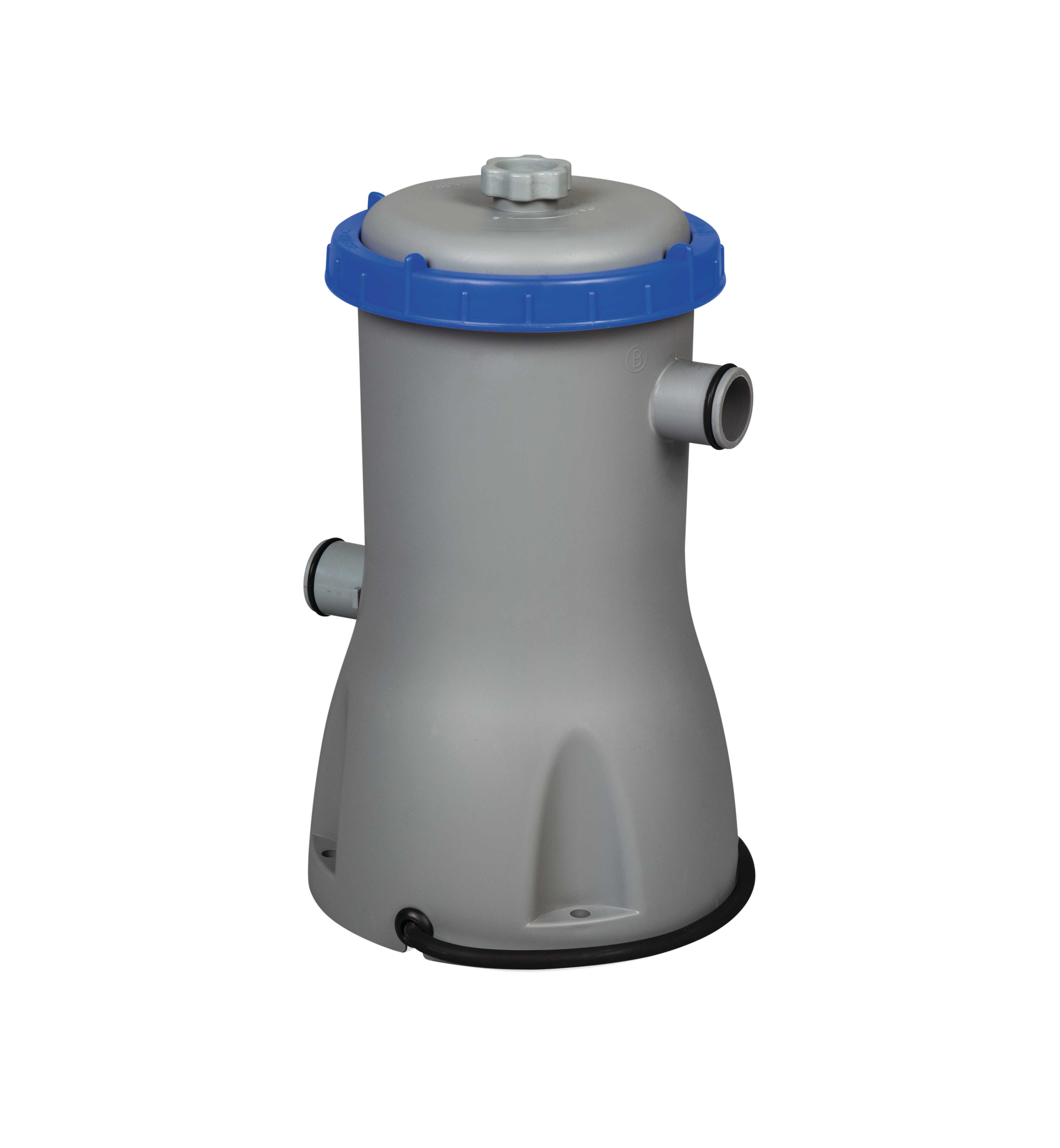 Ein grauer Wasserfilter mit blauem Deckel und grauem Knopf. Er hat schwarze Rohre und einen schwarzen Sockel.