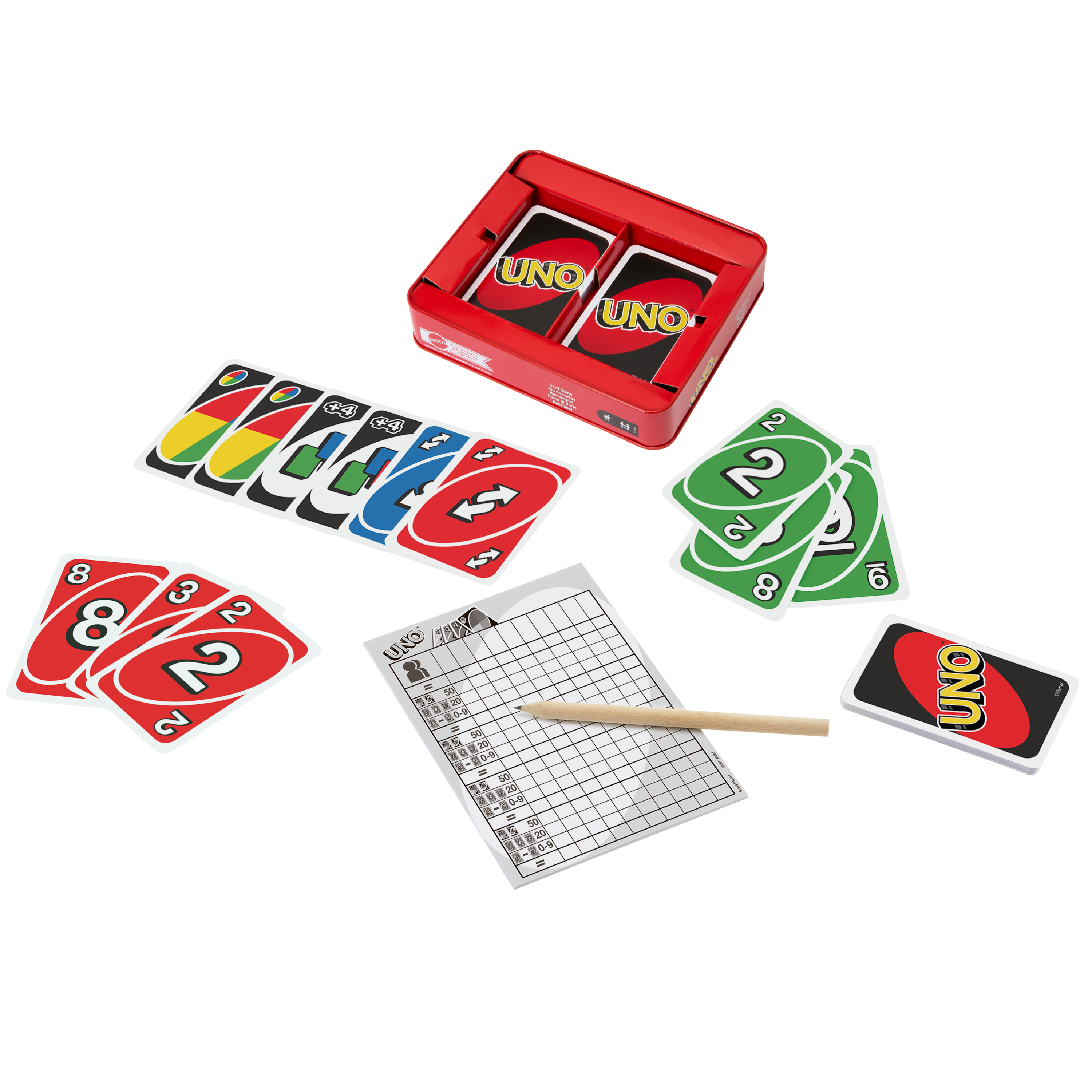 Draufsicht auf ein Uno-Kartenspielset. Karten, ein Wertungszettel und ein roter Behälter sind sichtbar.