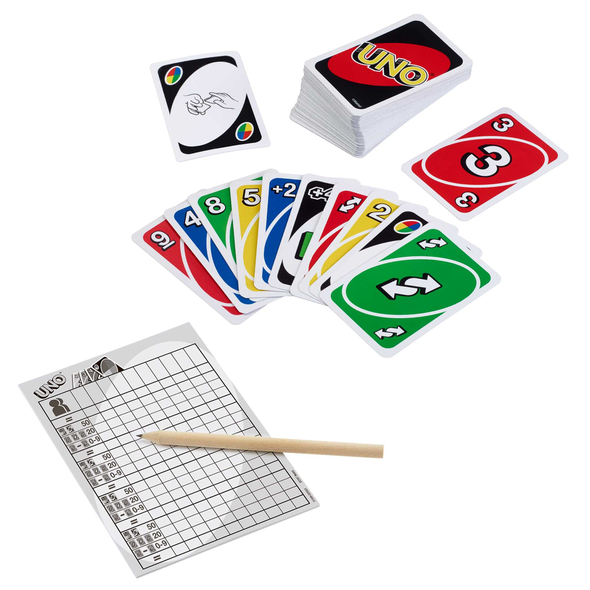Eine Draufsicht auf ein UNO-Kartenspiel. Karten sind aufgefächert, daneben ein Wertungszettel und ein Bleistift.