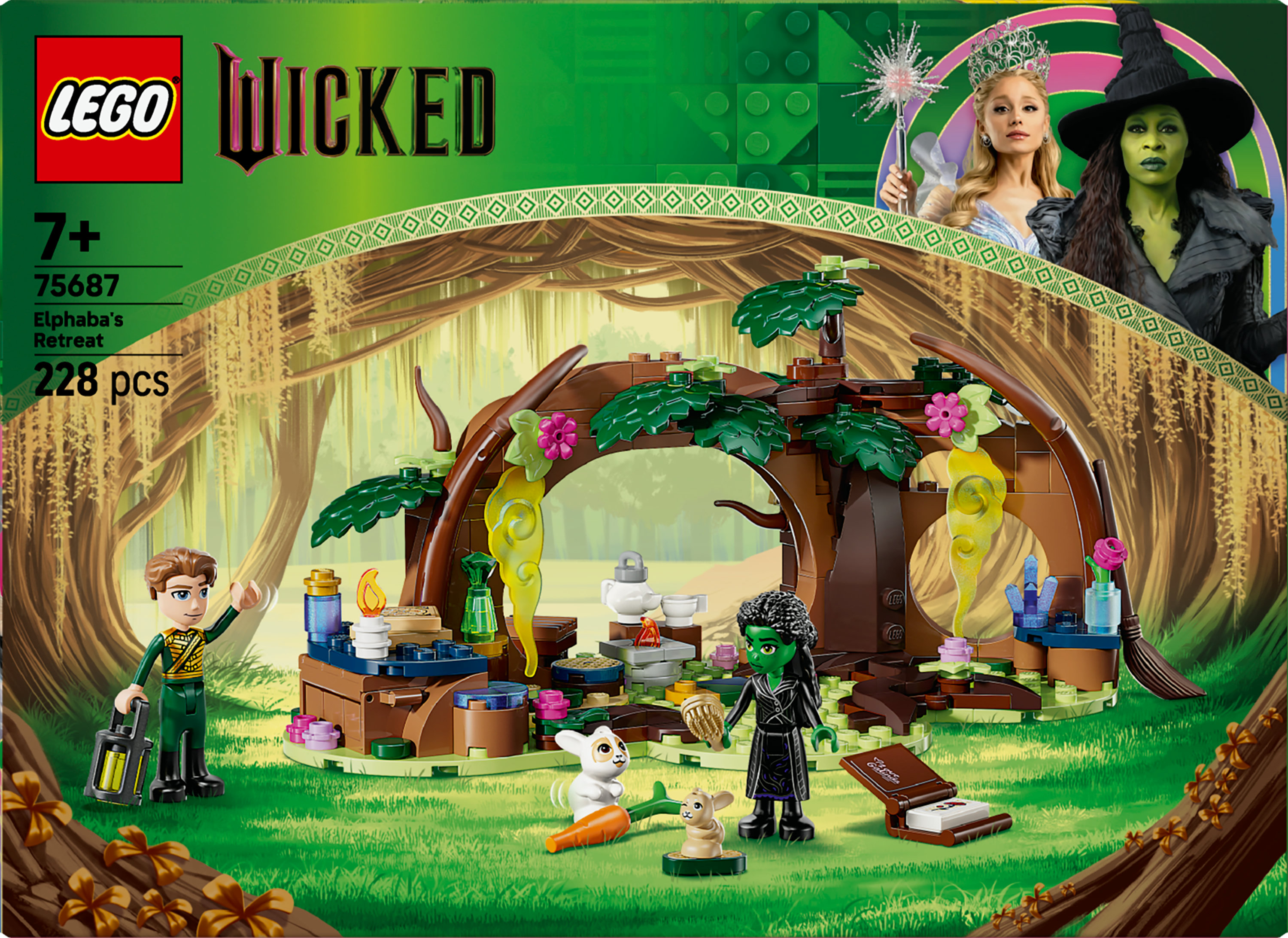 Zestaw Lego przedstawiający postacie z Wicked. Zawiera figurki, leśną scenerię i logo Wicked.