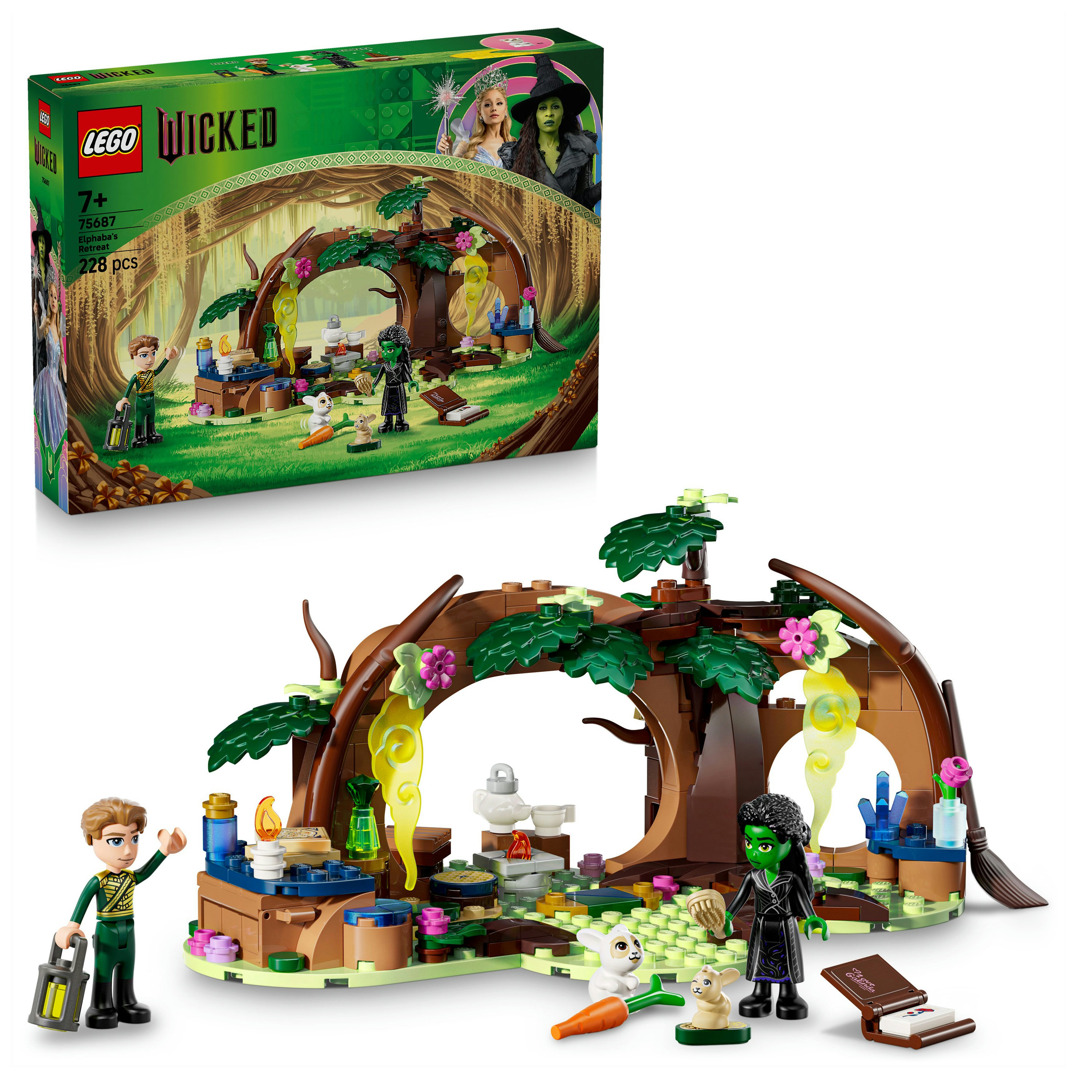 Zestaw Lego Wicked z figurkami. Zawiera zieloną wiedźmę, mężczyznę z latarnią i króliki, z budowlą o tematyce leśnej.