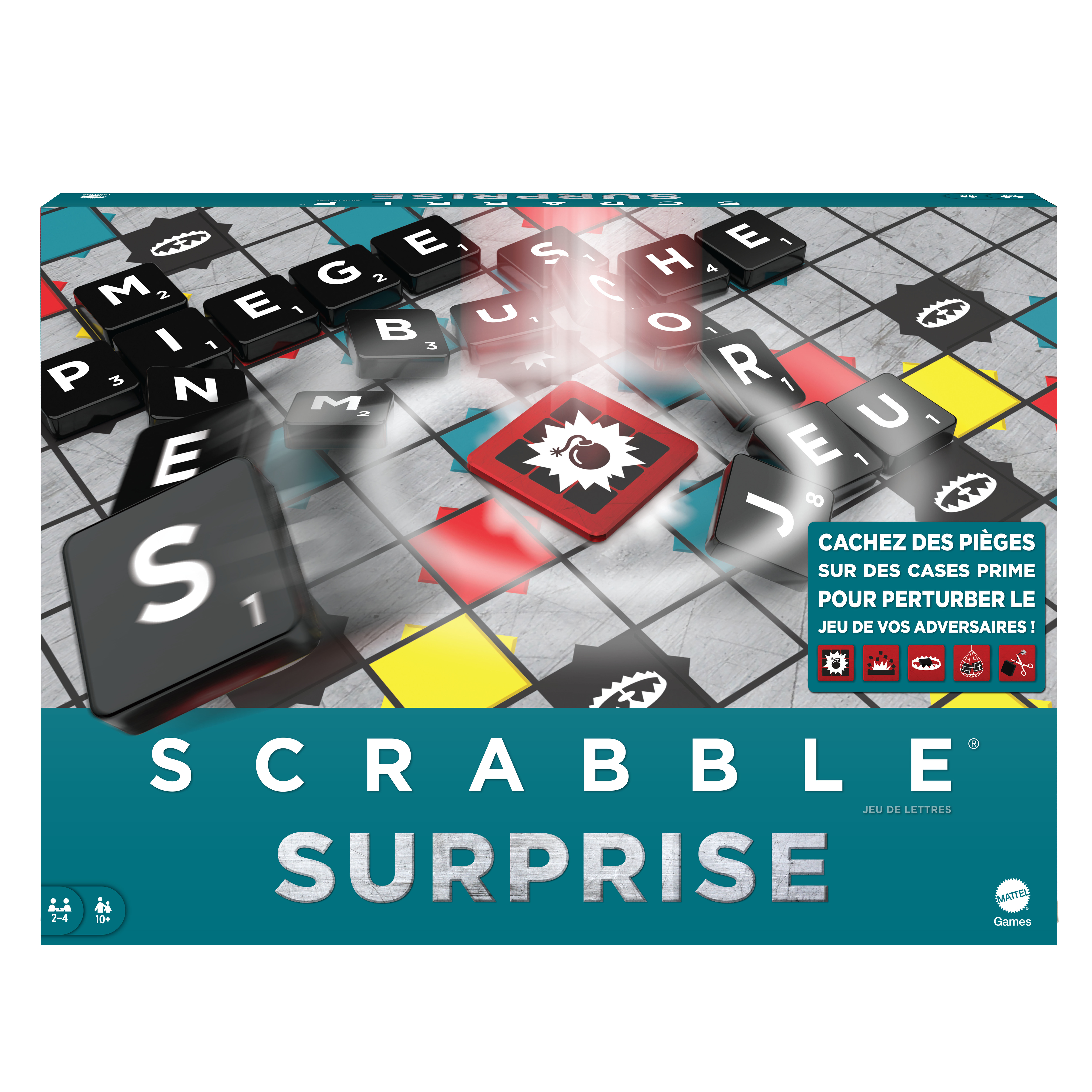 Pudełko gry planszowej Scrabble Surprise. Zawiera kafelki, instrukcje i specjalne pola pułapek. Z nazwą marki i logo.
