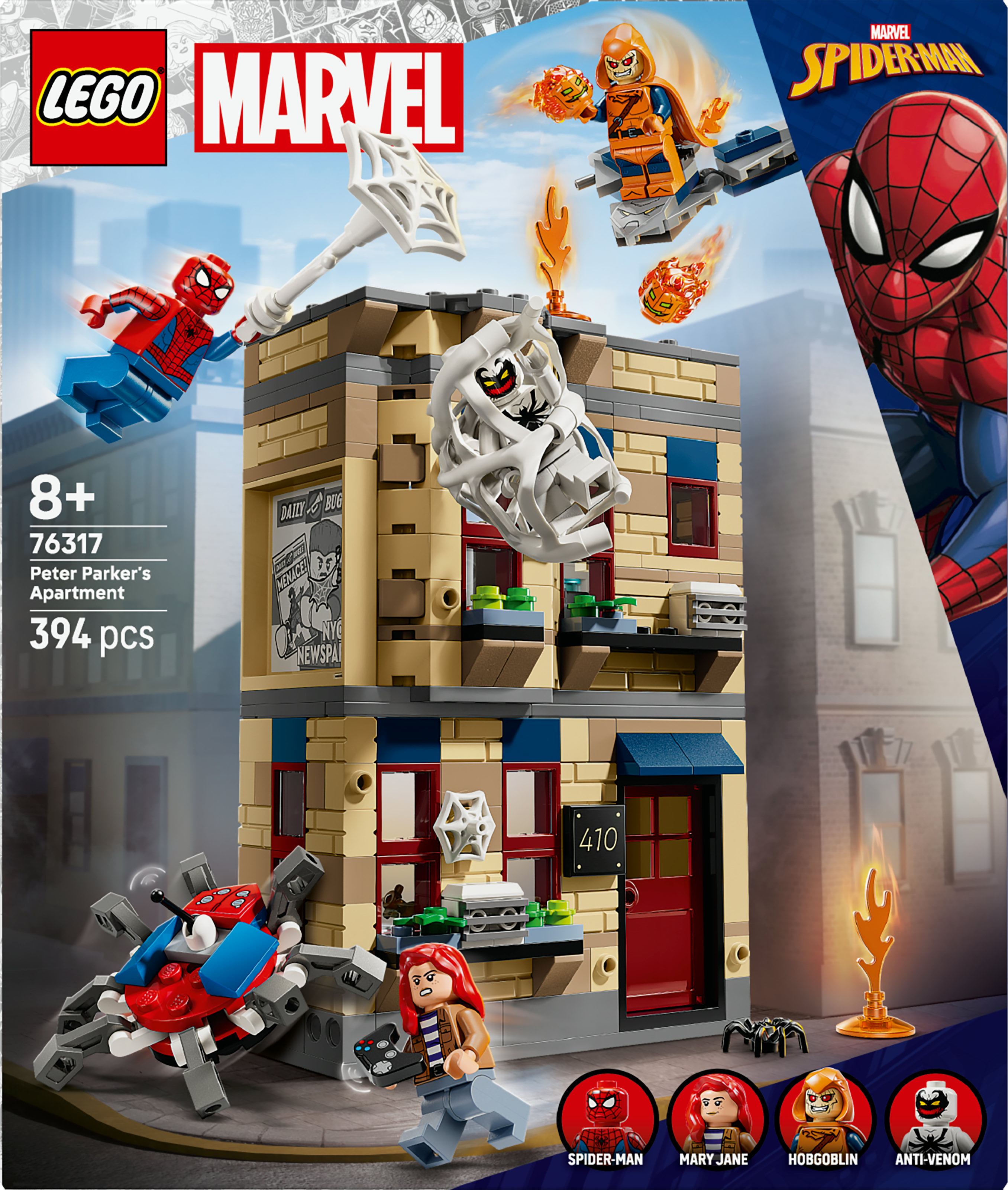 Zestaw Lego Marvel z minifigurkami Spider-Mana, Mary Jane i Hobgoblina, budynkiem mieszkalnym i akcesoriami.