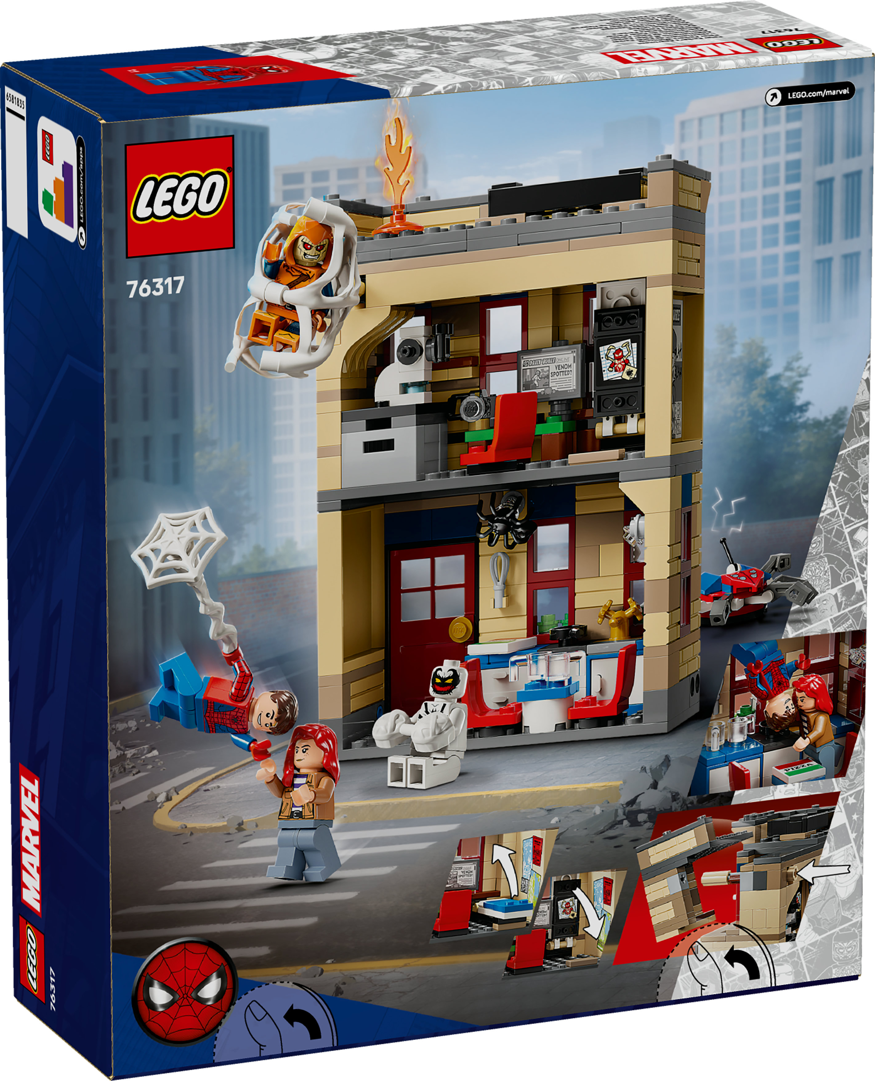 Pudełko Lego z figurkami Spider-Mana, budynkiem i złoczyńcami. Zawiera Daily Bugle, pizzerię i szybowiec Goblin.