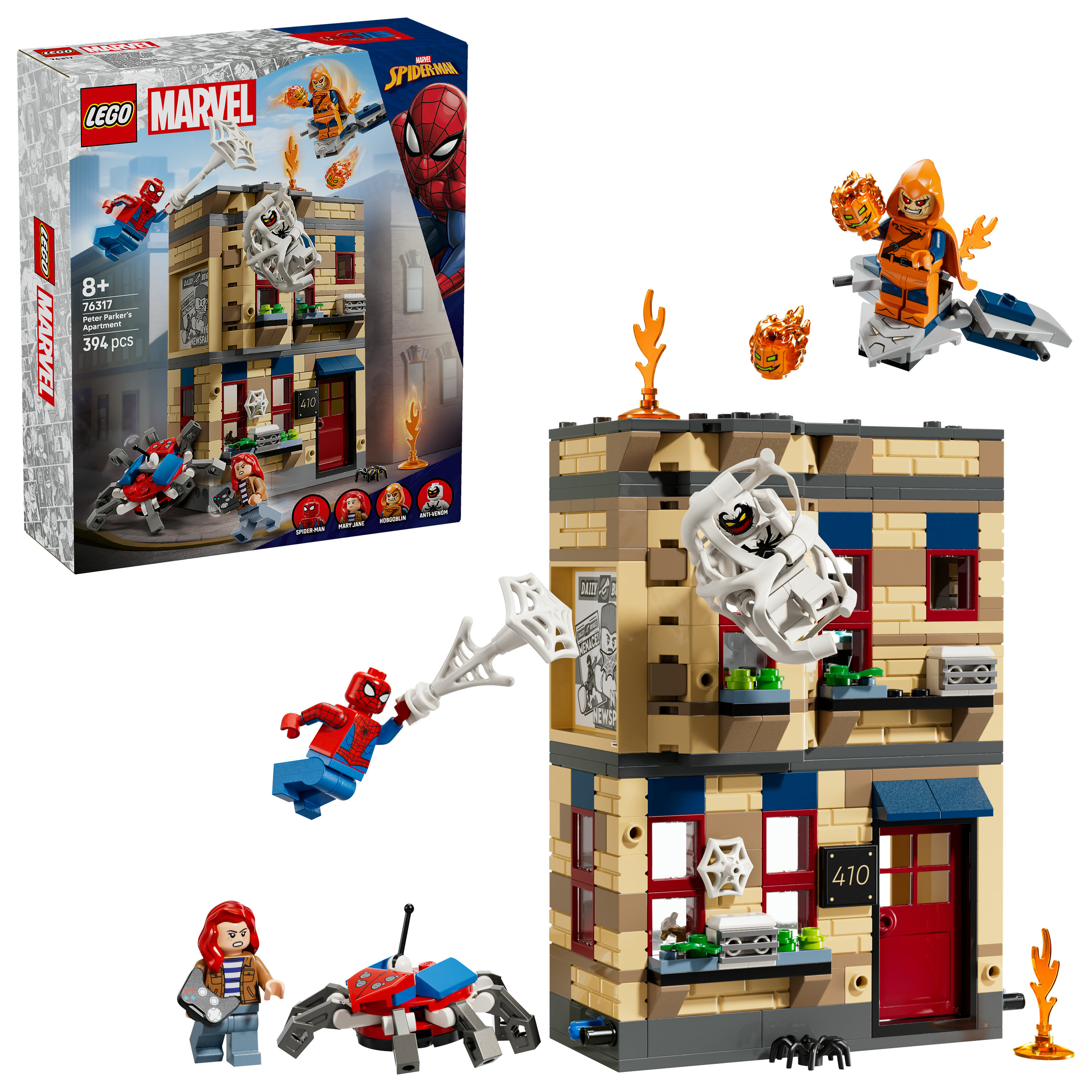 Zestaw Lego przedstawiający postacie Spider-Mana i fasadę budynku z figurkami, pudełkiem i pojazdem w kształcie pająka.