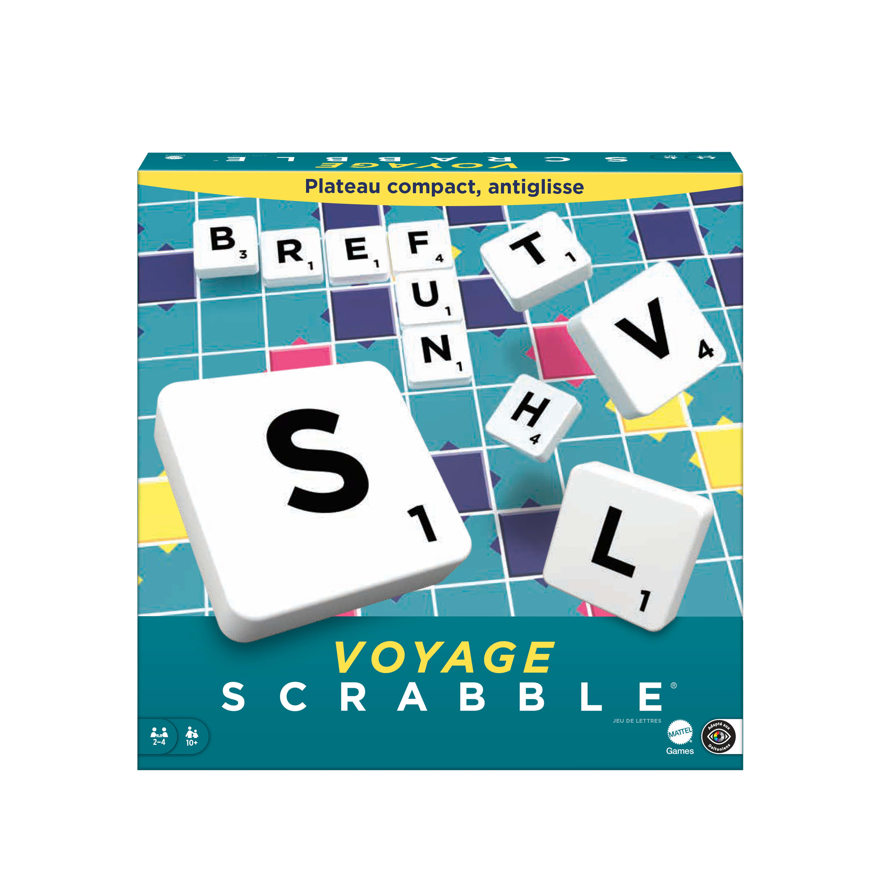 Scrabble-speldoos met letters, het woord 'VOYAGE SCRABBLE' en het Mattel-logo. Aangepast voor kleurenblindheid.