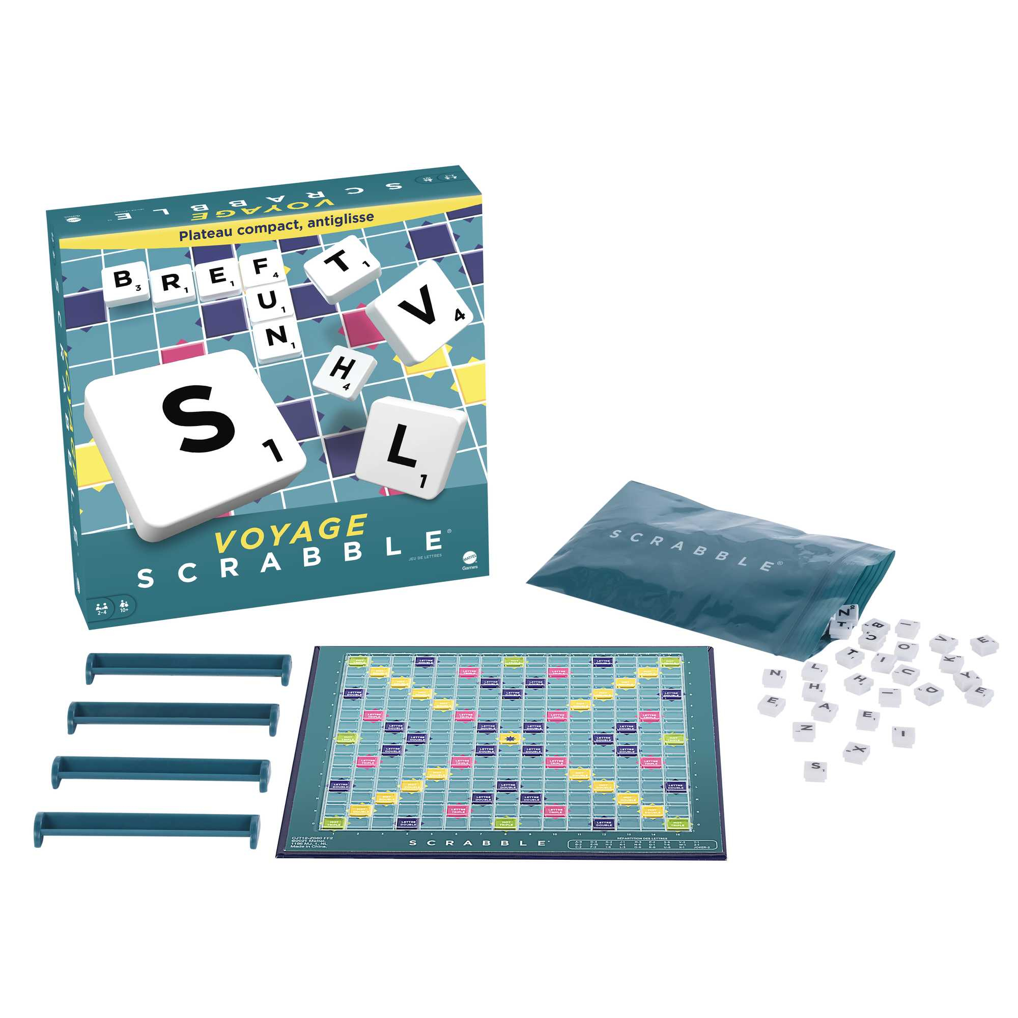 Scrabble-spel met tegels, bord, rekken en zak. Letters en bord zijn zichtbaar.